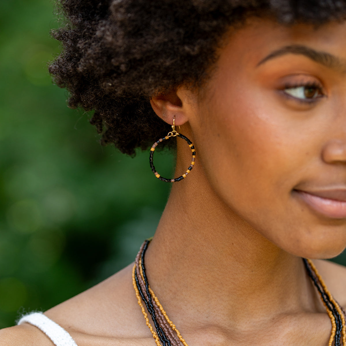 Seed Bead Hoop Earrings - Black and Mauve