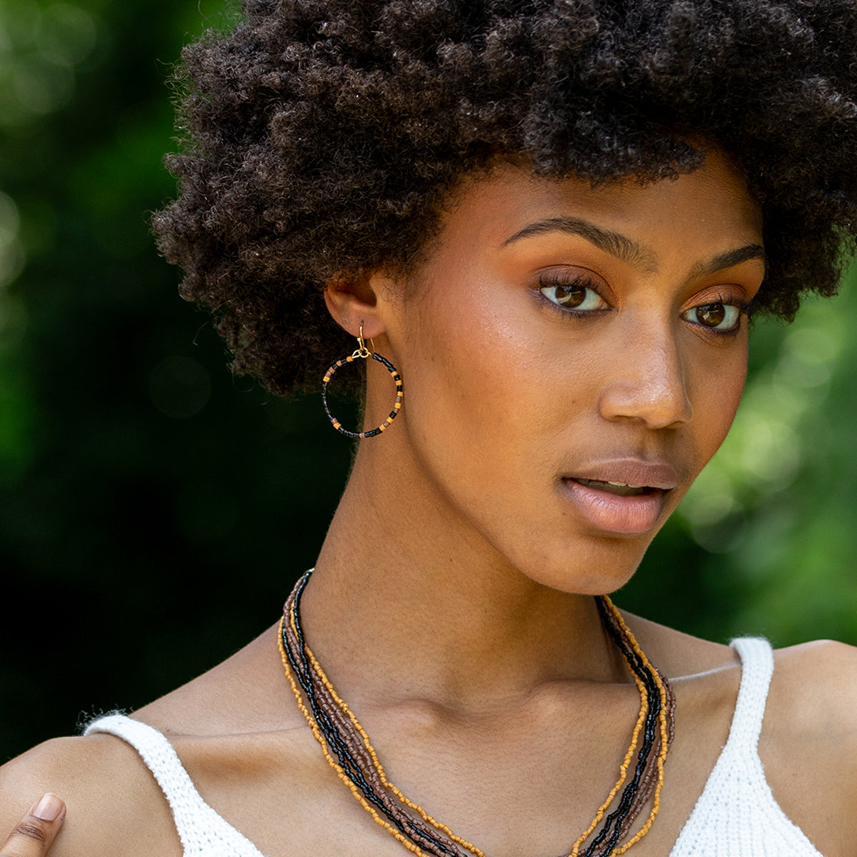Seed Bead Hoop Earrings - Black and Mauve