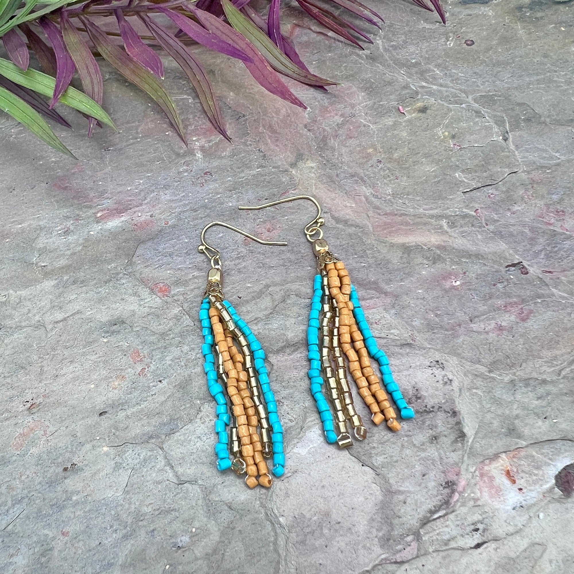 Seed Bead Simple Tassel Earrings - Black, Brown and Tan