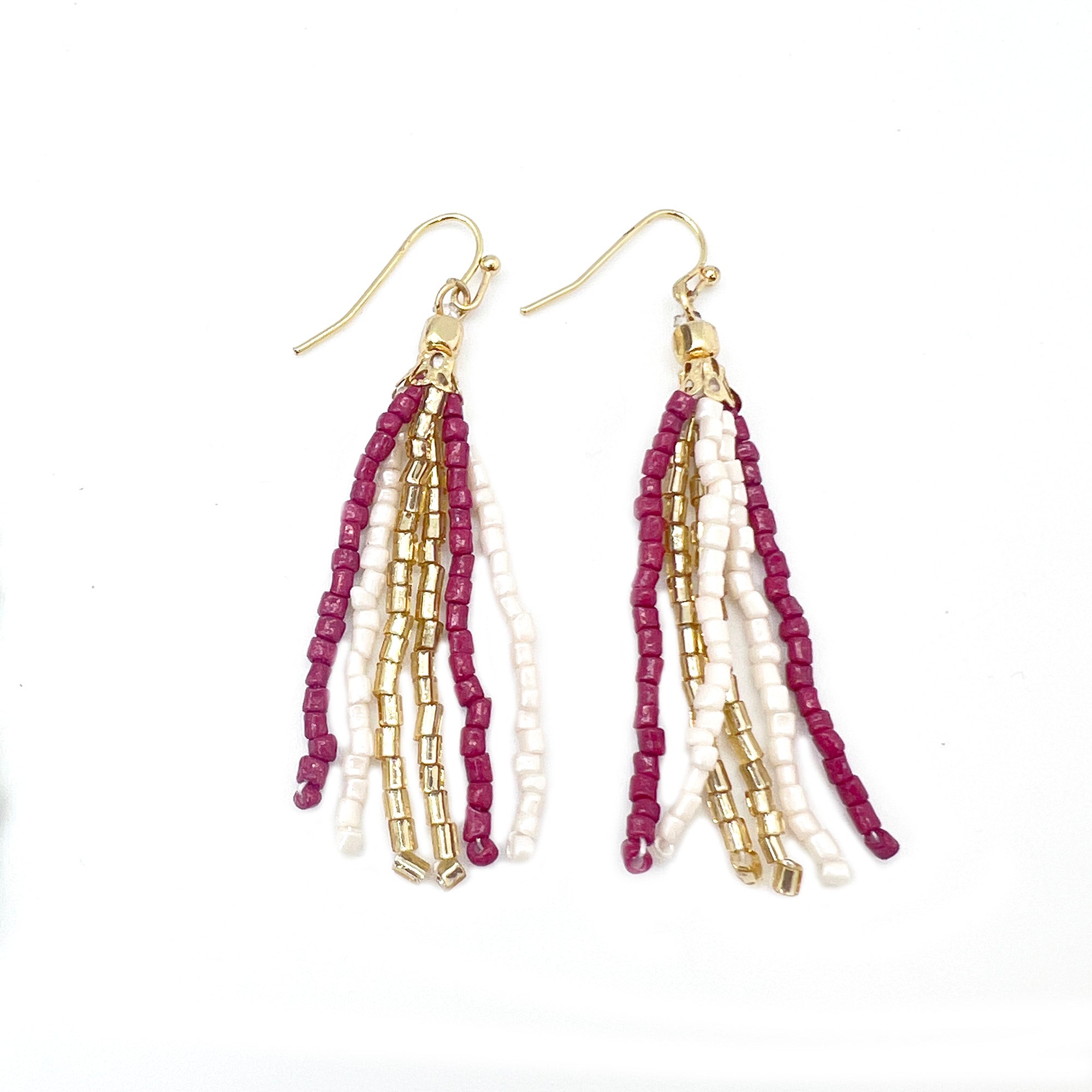 Seed Bead Simple Tassel Earrings - Burgundy and White