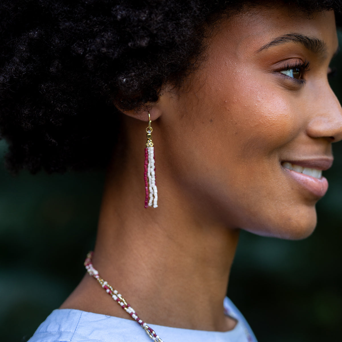 Seed Bead Simple Tassel Earrings - Burgundy and White