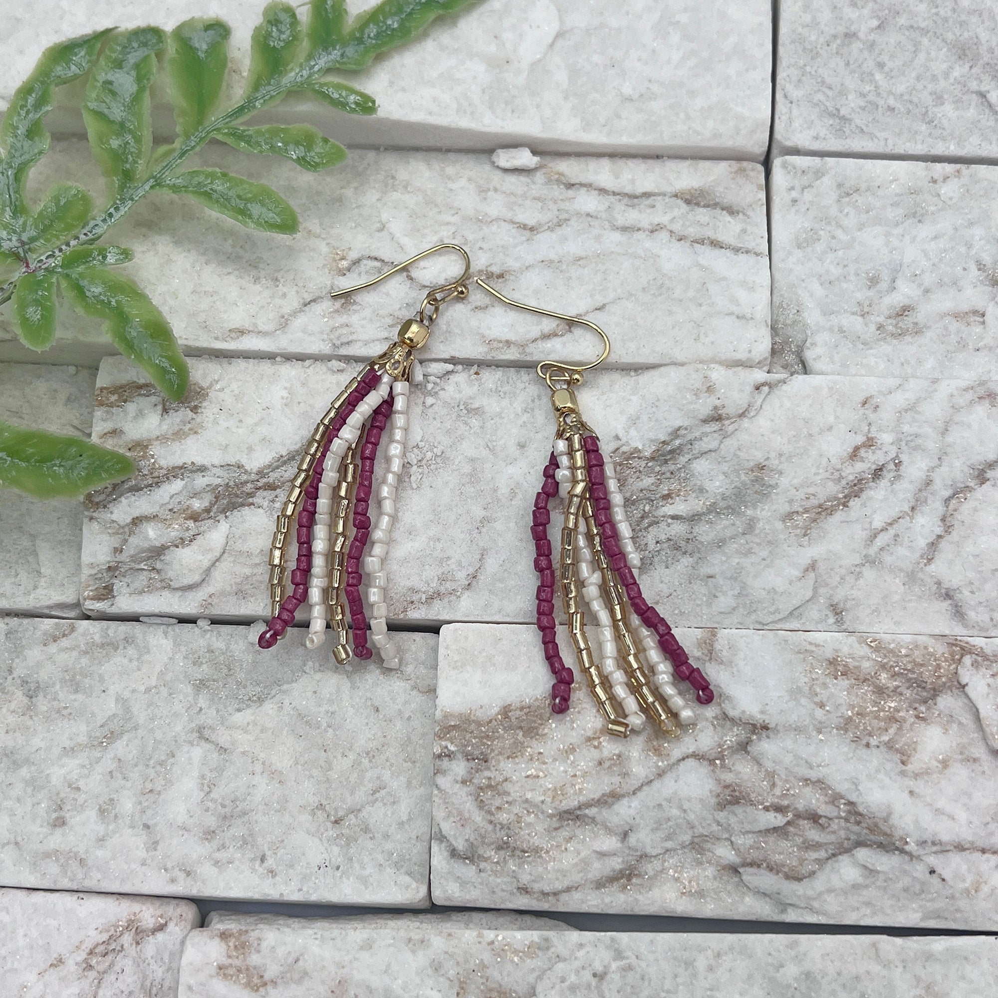 Seed Bead Simple Tassel Earrings - Burgundy and White