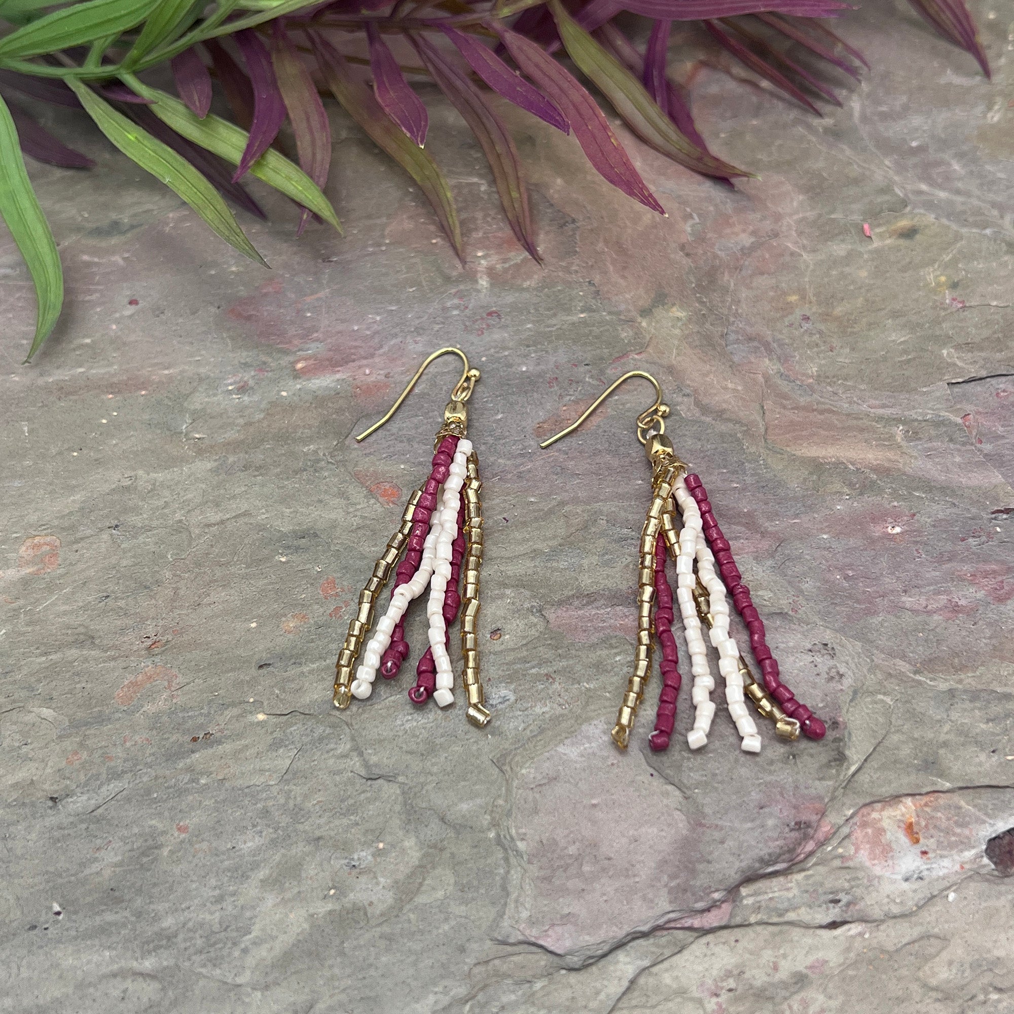 Seed Bead Simple Tassel Earrings - Burgundy and White