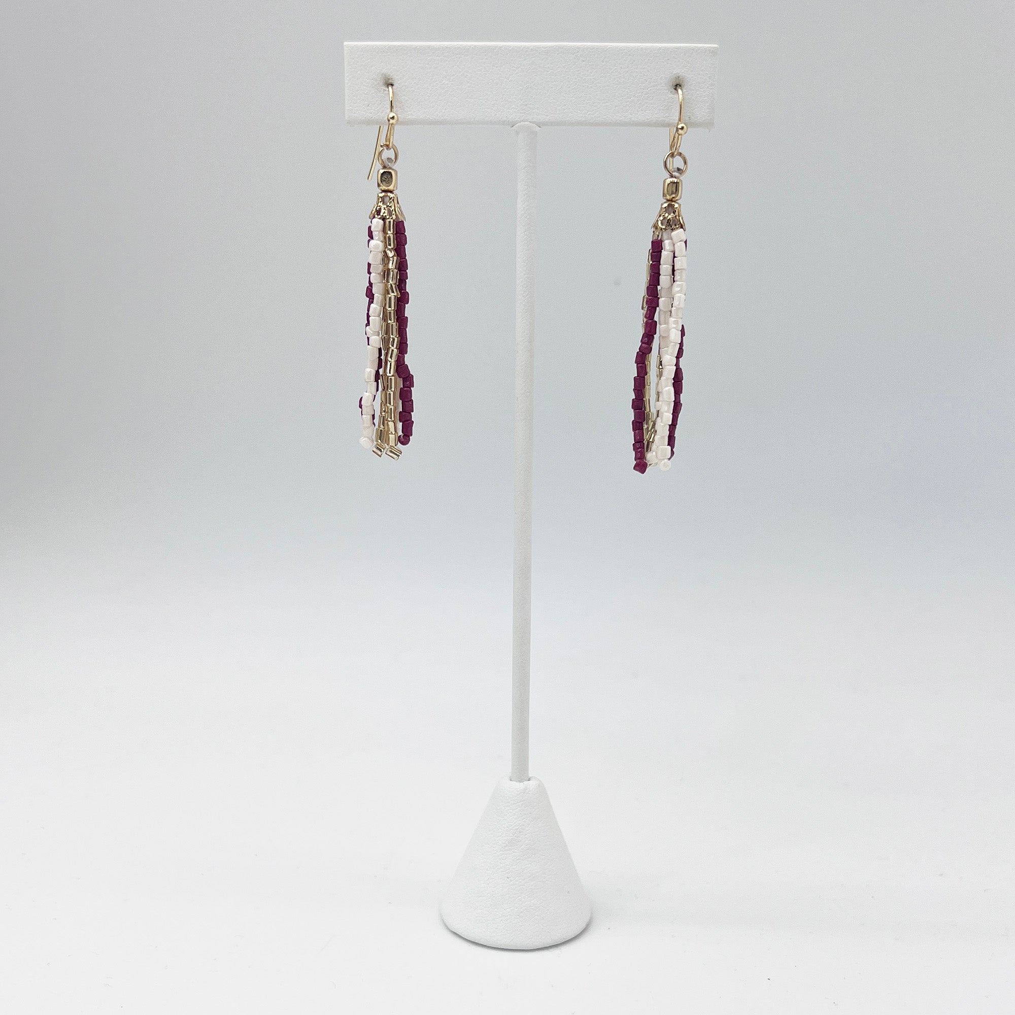 Seed Bead Simple Tassel Earrings - Burgundy and White