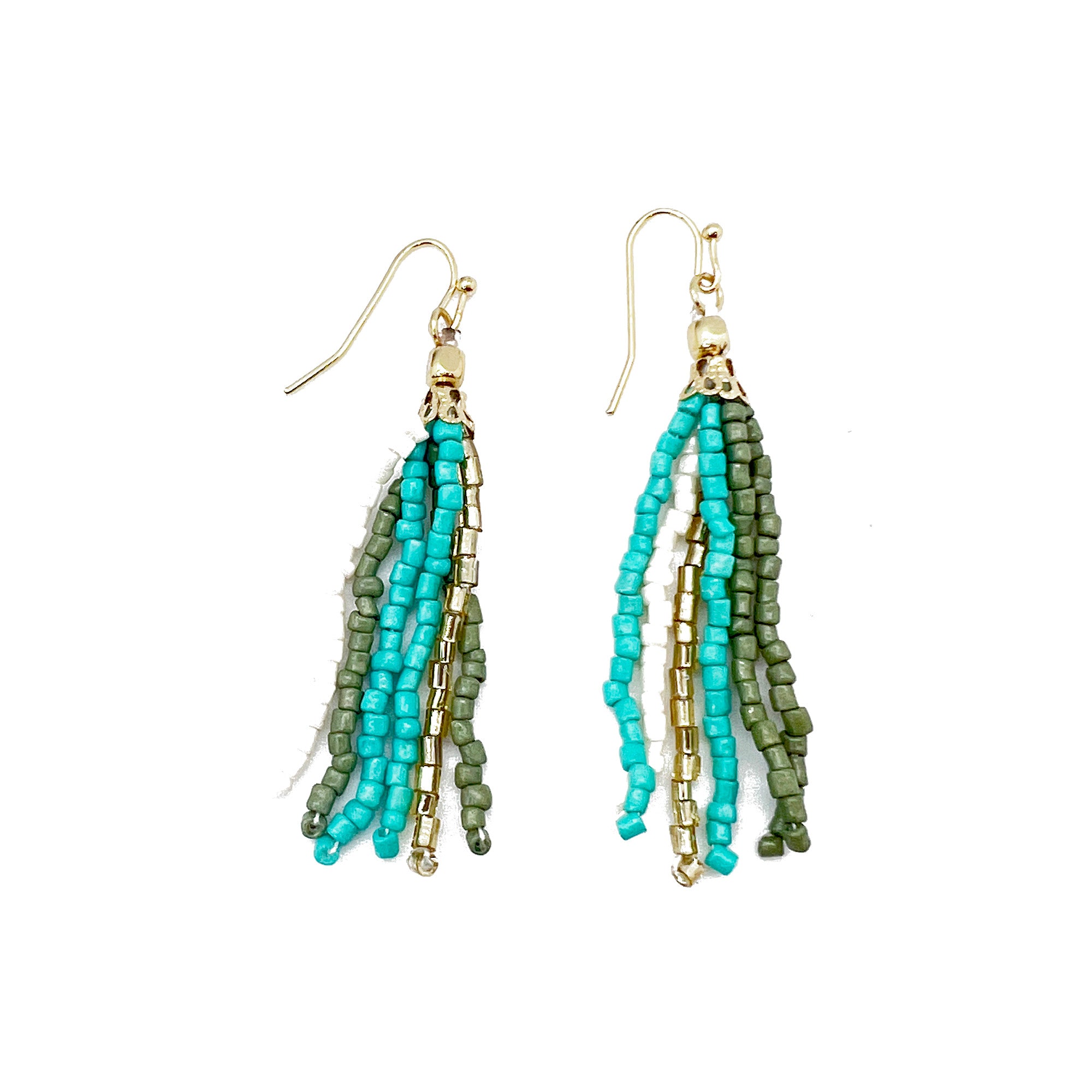 Seed Bead Simple Tassel Earrings - Turquoise and Olive
