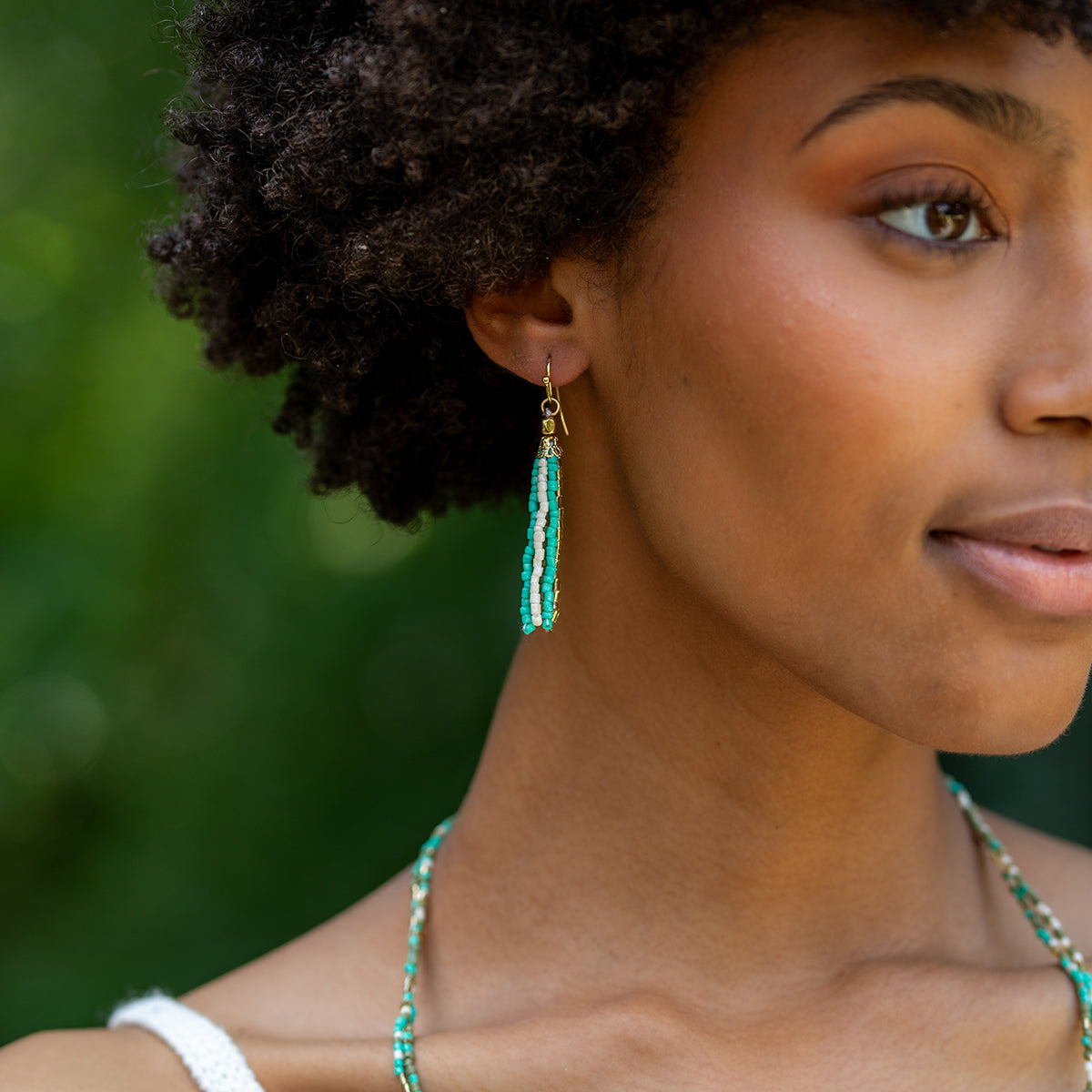 Seed Bead Simple Tassel Earrings - Turquoise and Olive