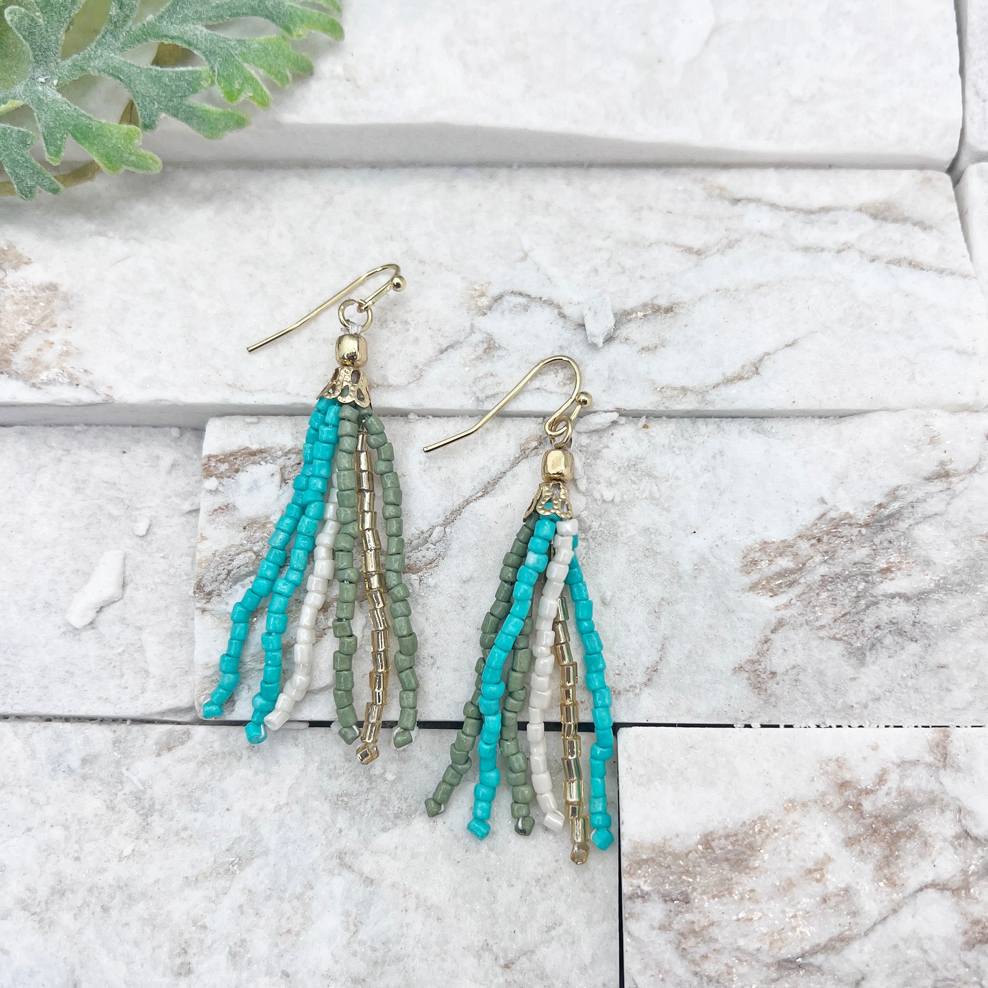 Seed Bead Simple Tassel Earrings - Turquoise and Olive
