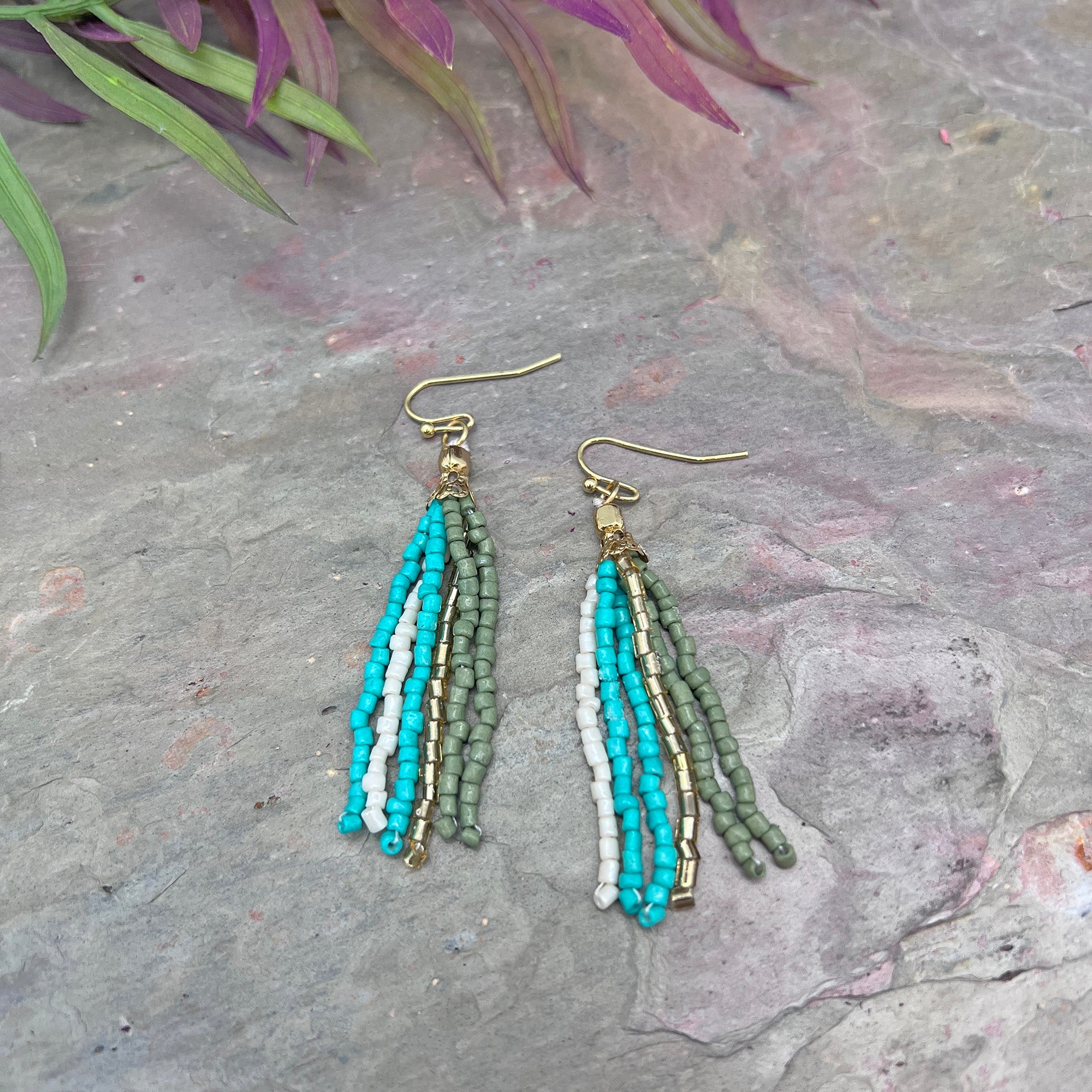 Seed Bead Simple Tassel Earrings - Turquoise and Olive