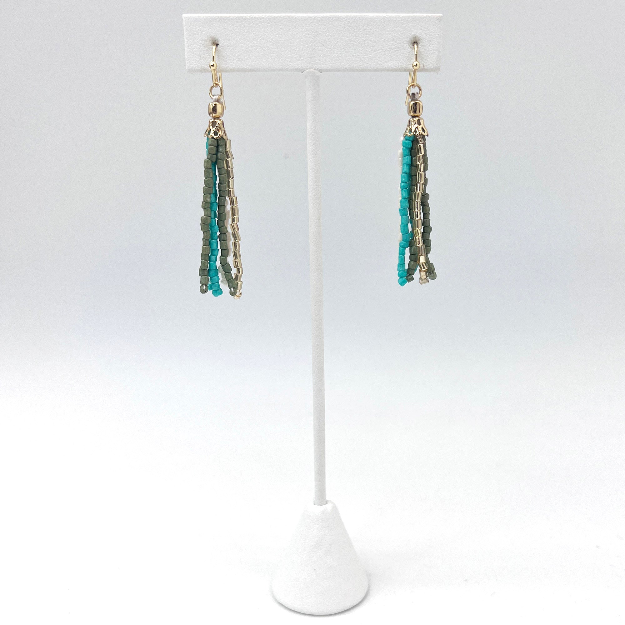 Seed Bead Simple Tassel Earrings - Turquoise and Olive