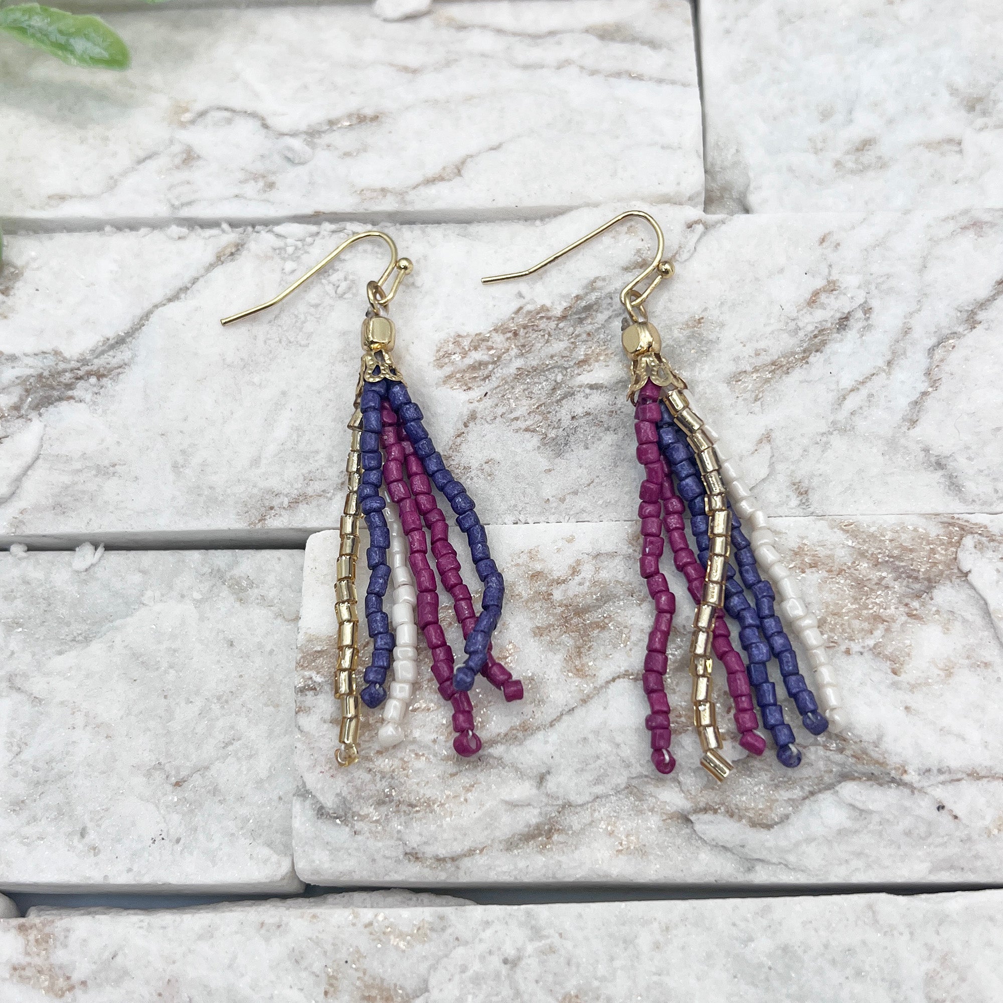 Seed Bead Simple Tassel Earrings - Purple and Blue