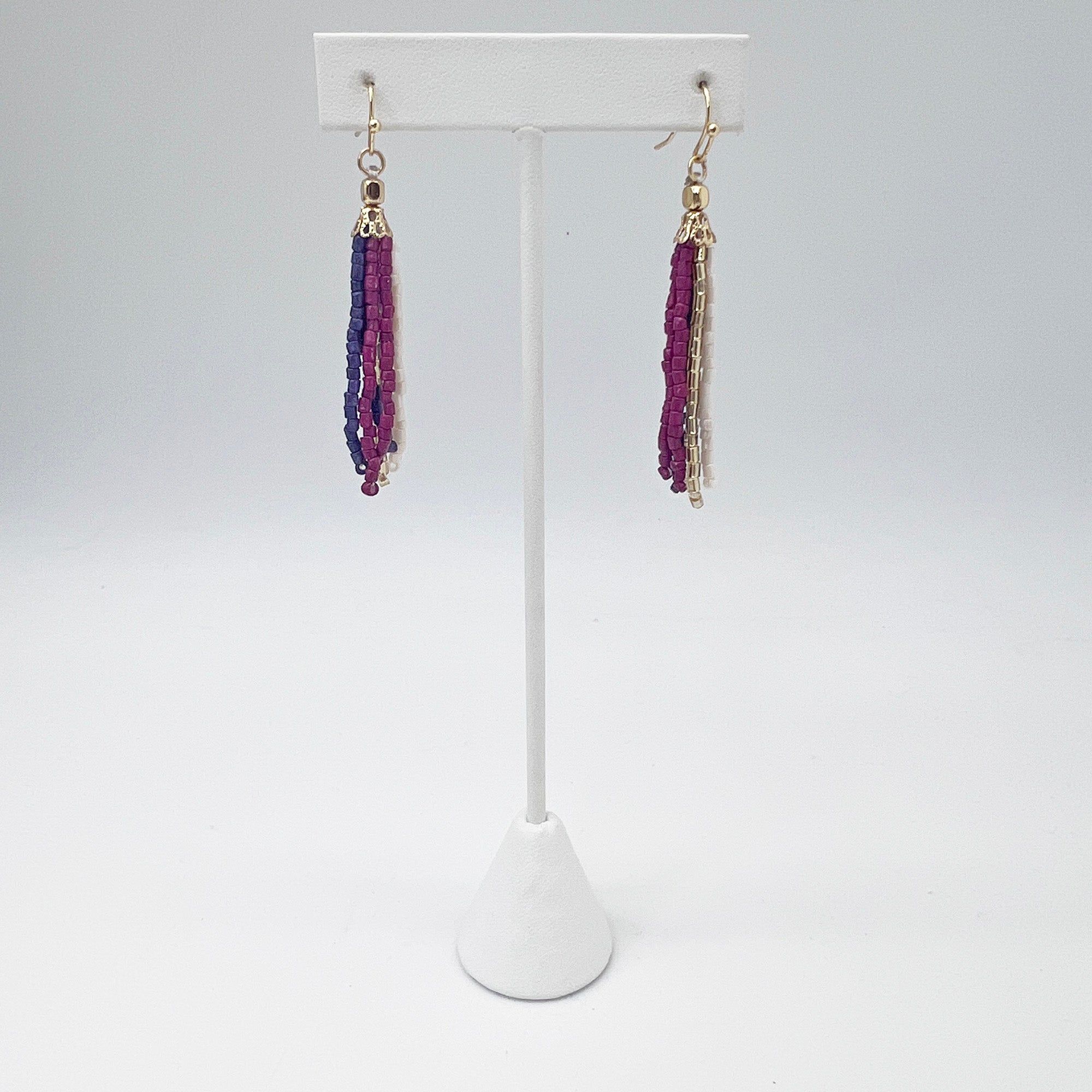 Seed Bead Simple Tassel Earrings - Purple and Blue