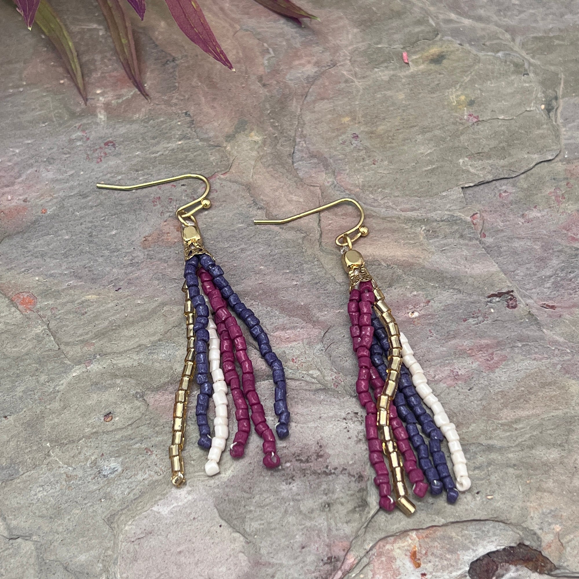Seed Bead Simple Tassel Earrings - Purple and Blue