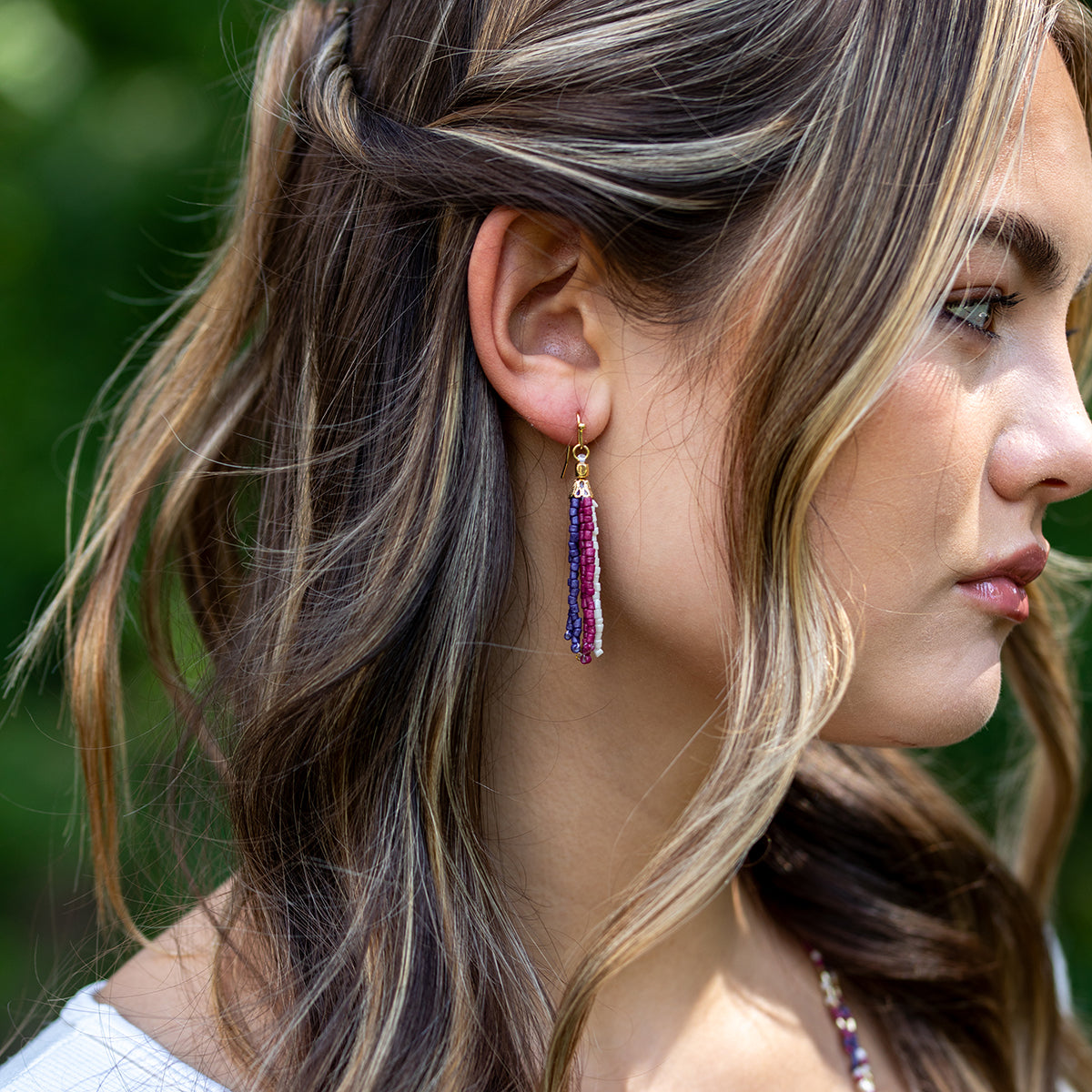 Seed Bead Simple Tassel Earrings - Purple and Blue