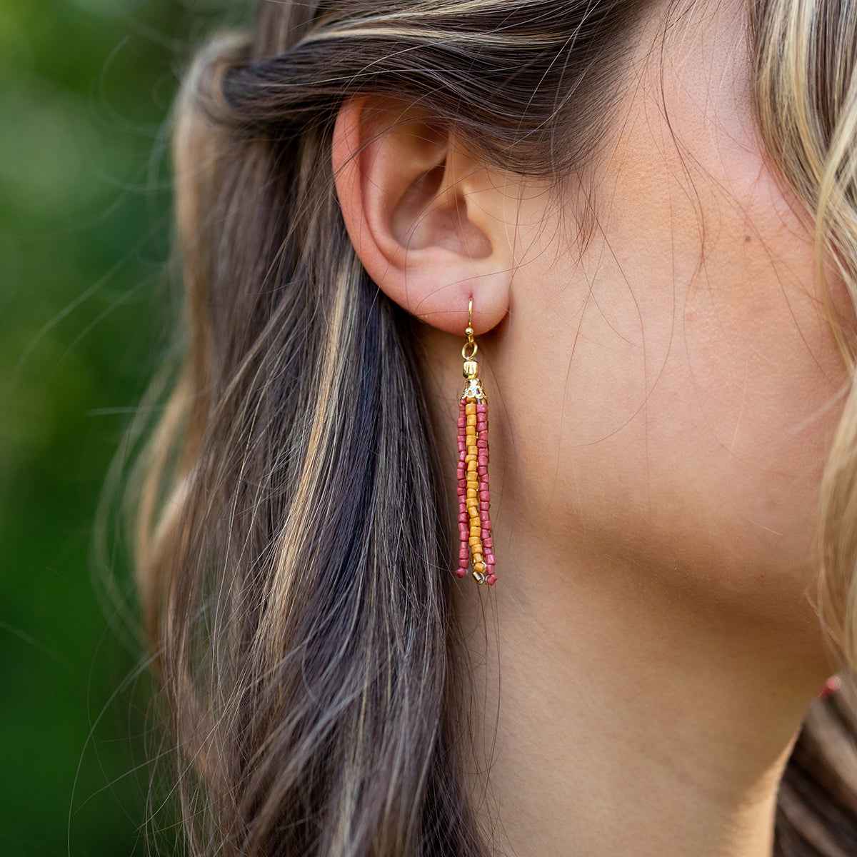 Seed Bead Simple Tassel Earrings - Pink and Orange