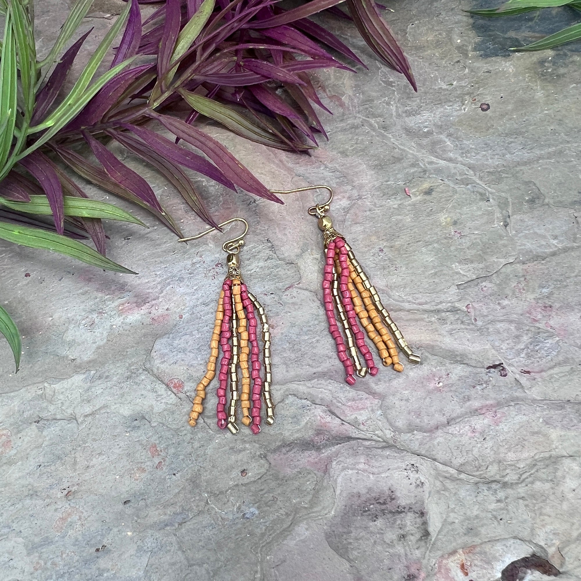 Seed Bead Simple Tassel Earrings - Pink and Orange