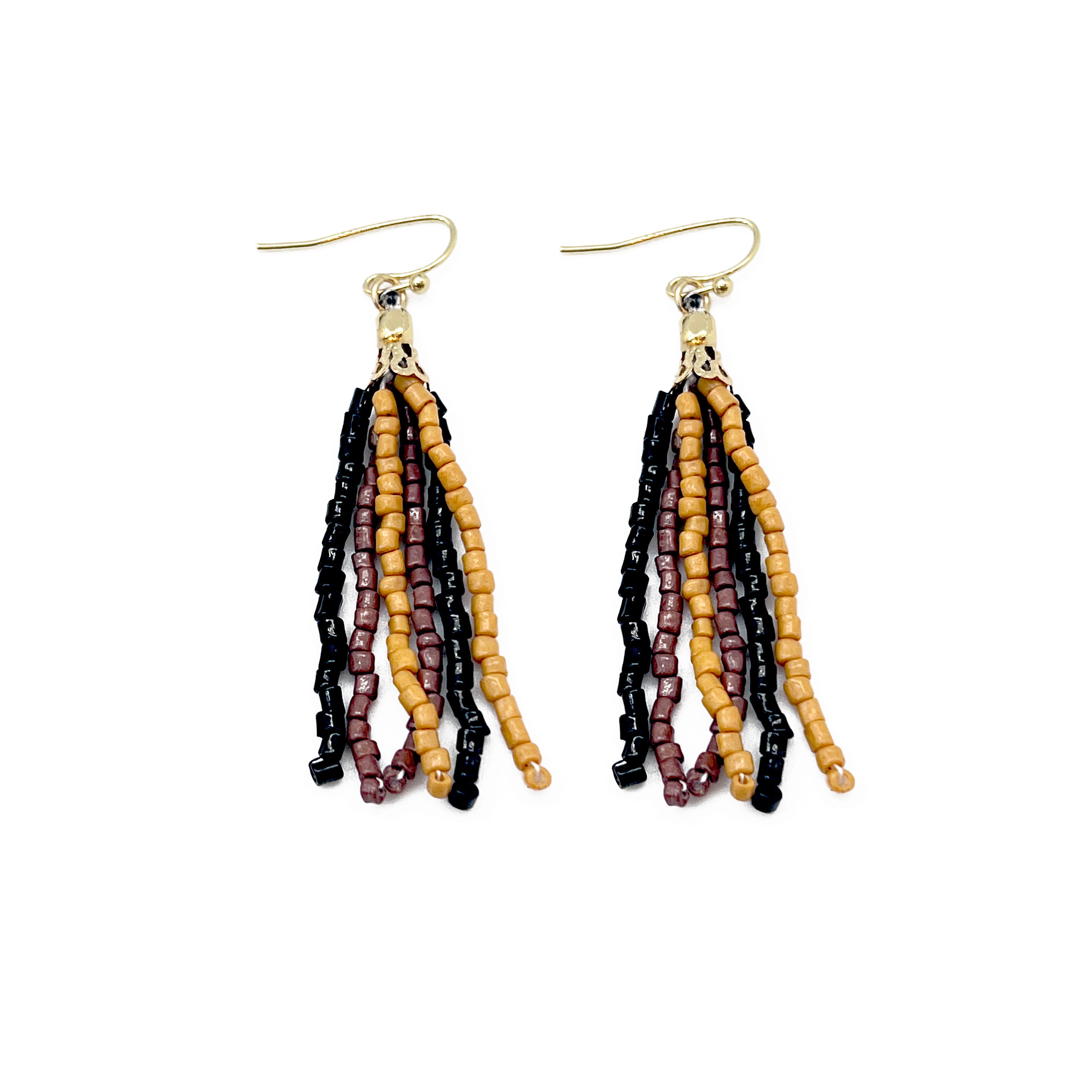Seed Bead Simple Tassel Earrings - Black, Brown and Tan