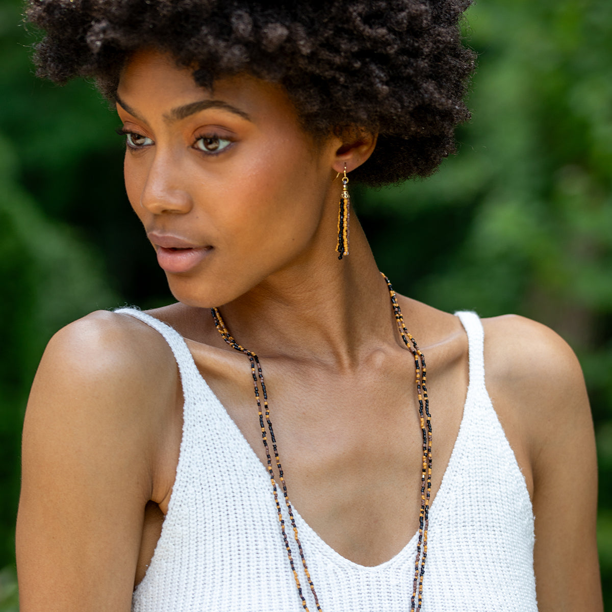 Seed Bead Simple Tassel Earrings - Black, Brown and Tan