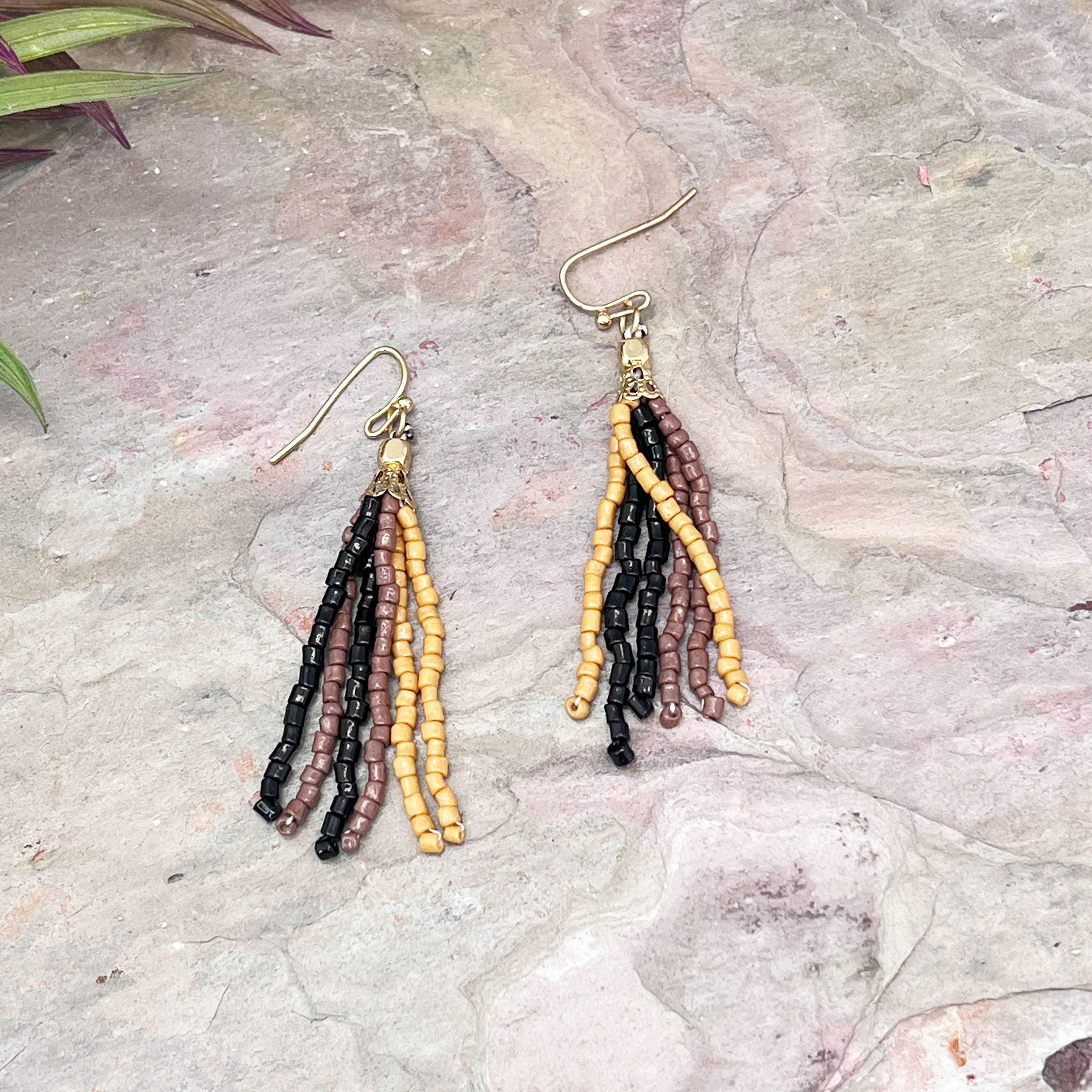 Seed Bead Simple Tassel Earrings - Black, Brown and Tan