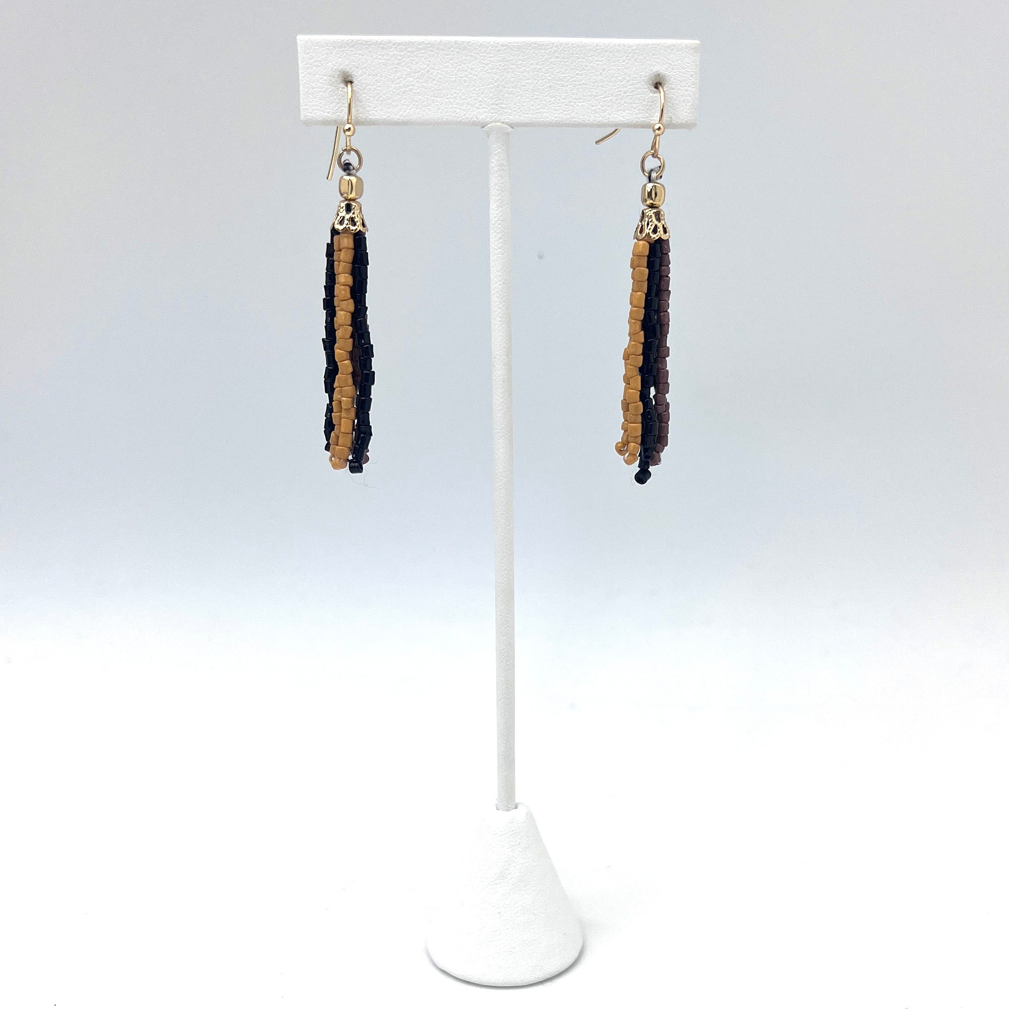 Seed Bead Simple Tassel Earrings - Black, Brown and Tan