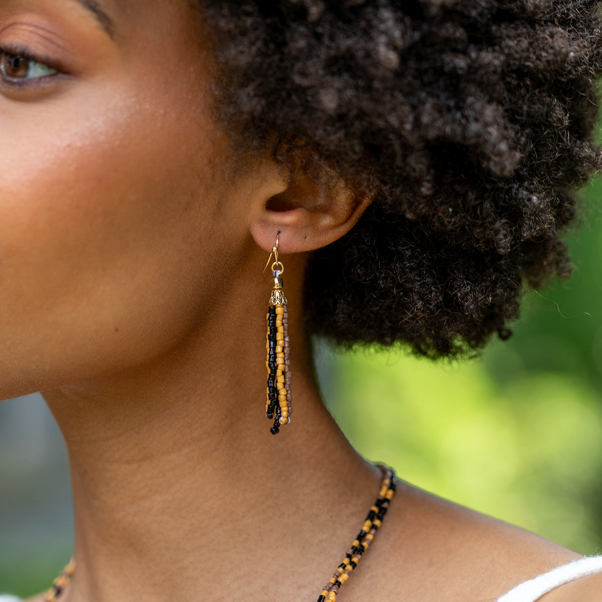 Seed Bead Simple Tassel Earrings - Black, Brown and Tan