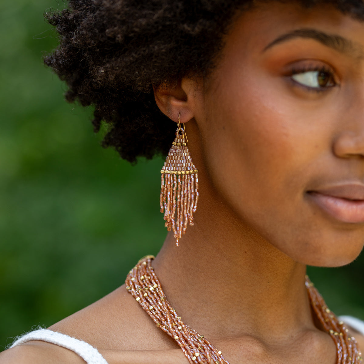 Seedbead Tapered Fringe Earrings - Blush