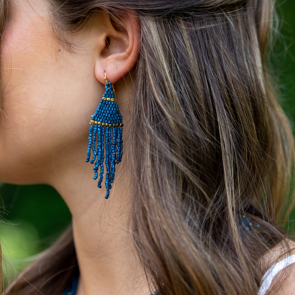 Seedbead Tapered Fringe Earrings - Navy