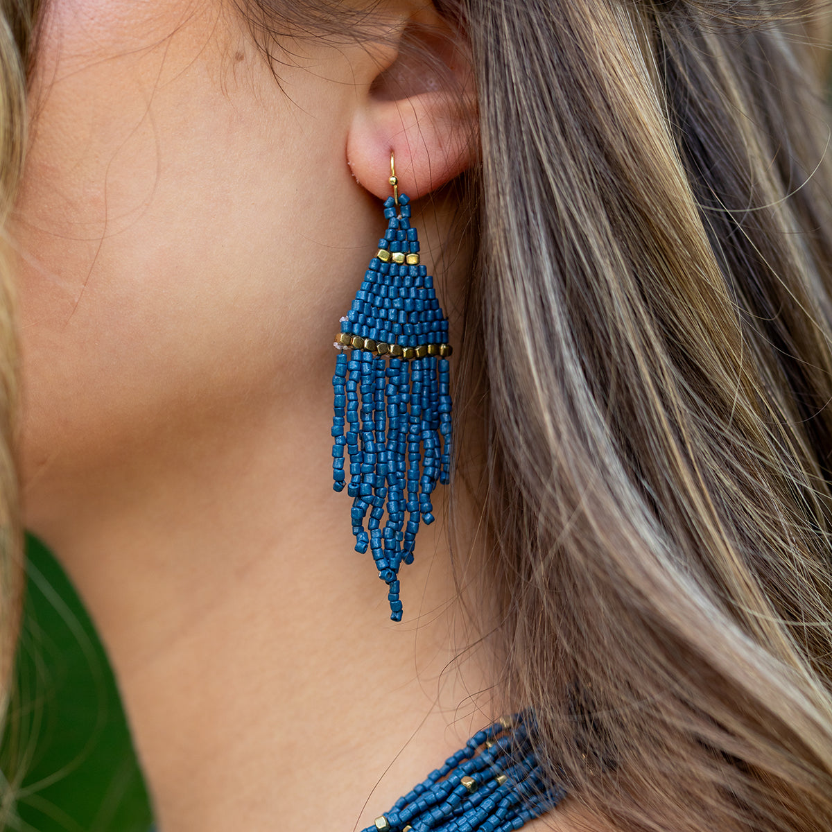 Seedbead Tapered Fringe Earrings - Navy