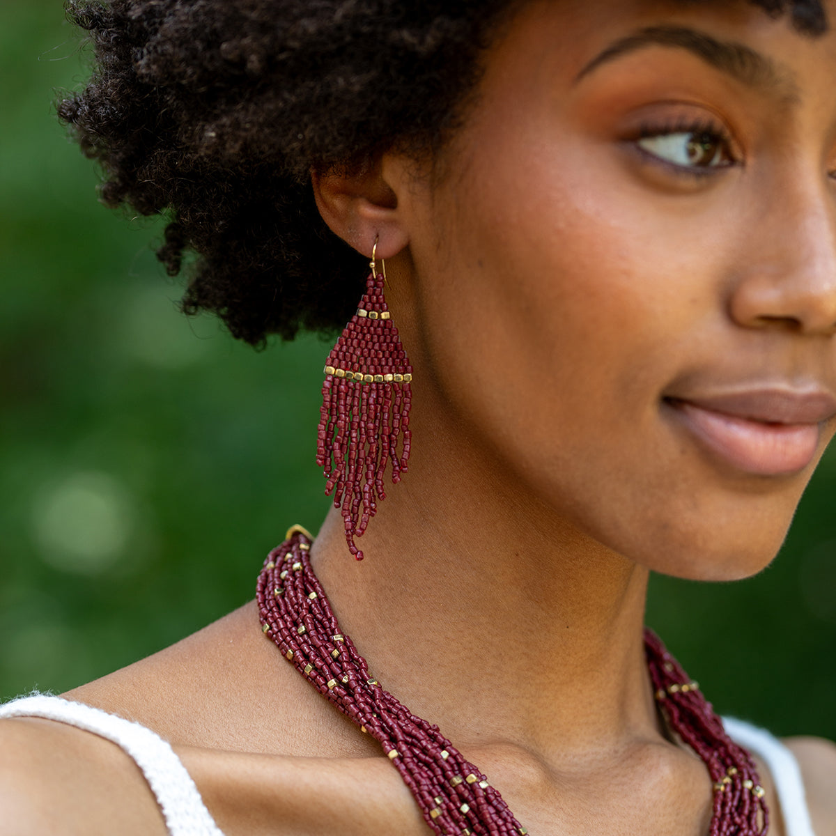 Seedbead Tapered Fringe Earrings - Purple