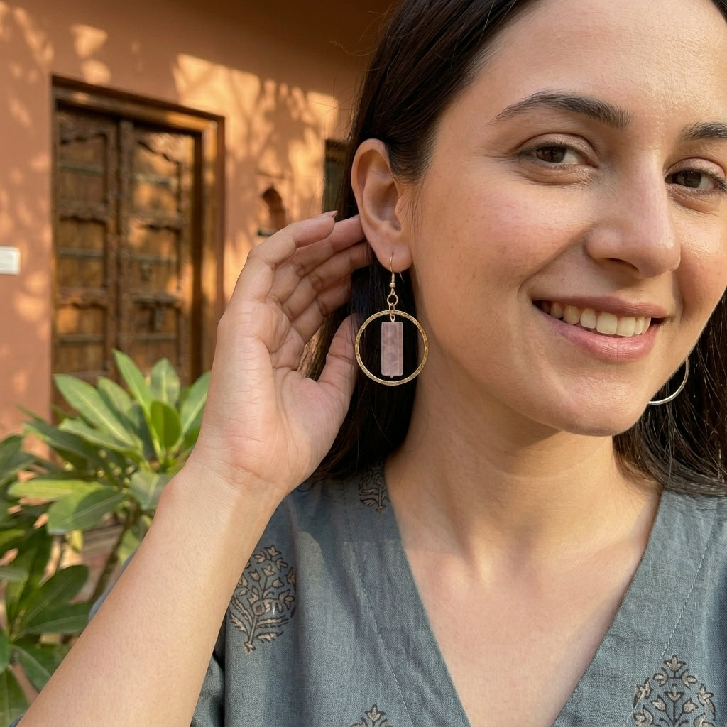 Akriti Rose Quartz Circle Handcrafted Gold Earrings