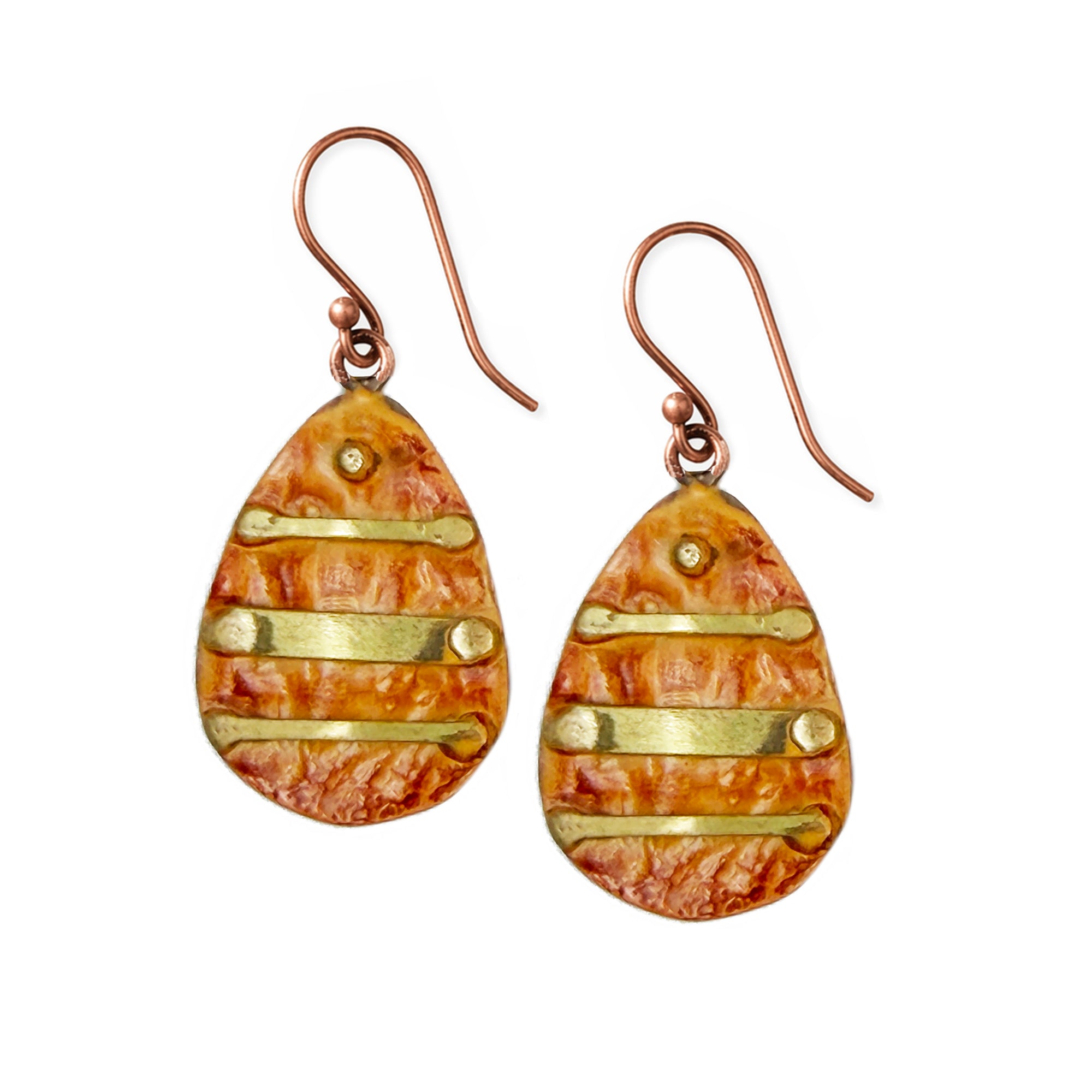 Copper Patina HandCrafted Earrings - Orange Stripes