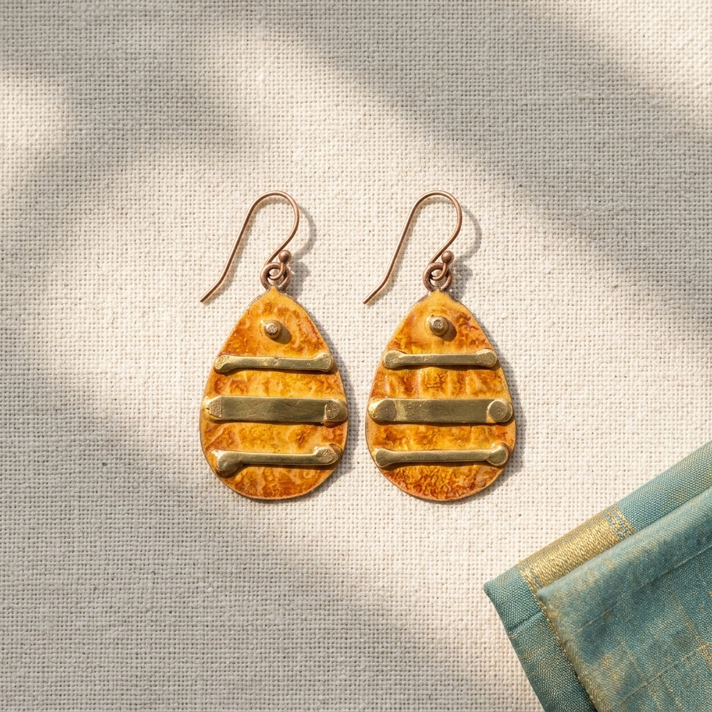 Copper Patina HandCrafted Earrings - Orange Stripes