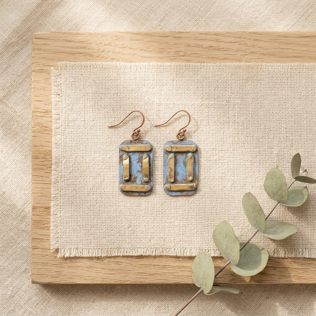 Copper Patina HandCrafted Earrings - Blue Bars
