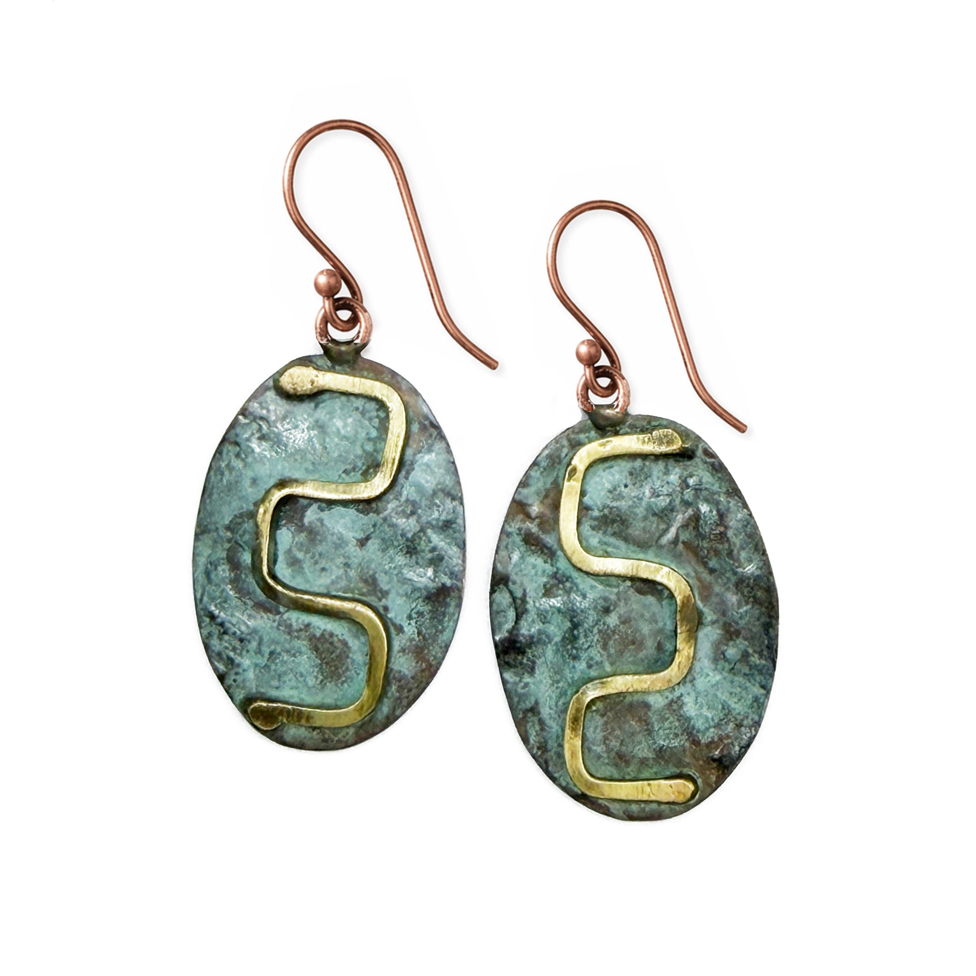 Copper Patina HandCrafted Earrings - Oxidized Blue Wave