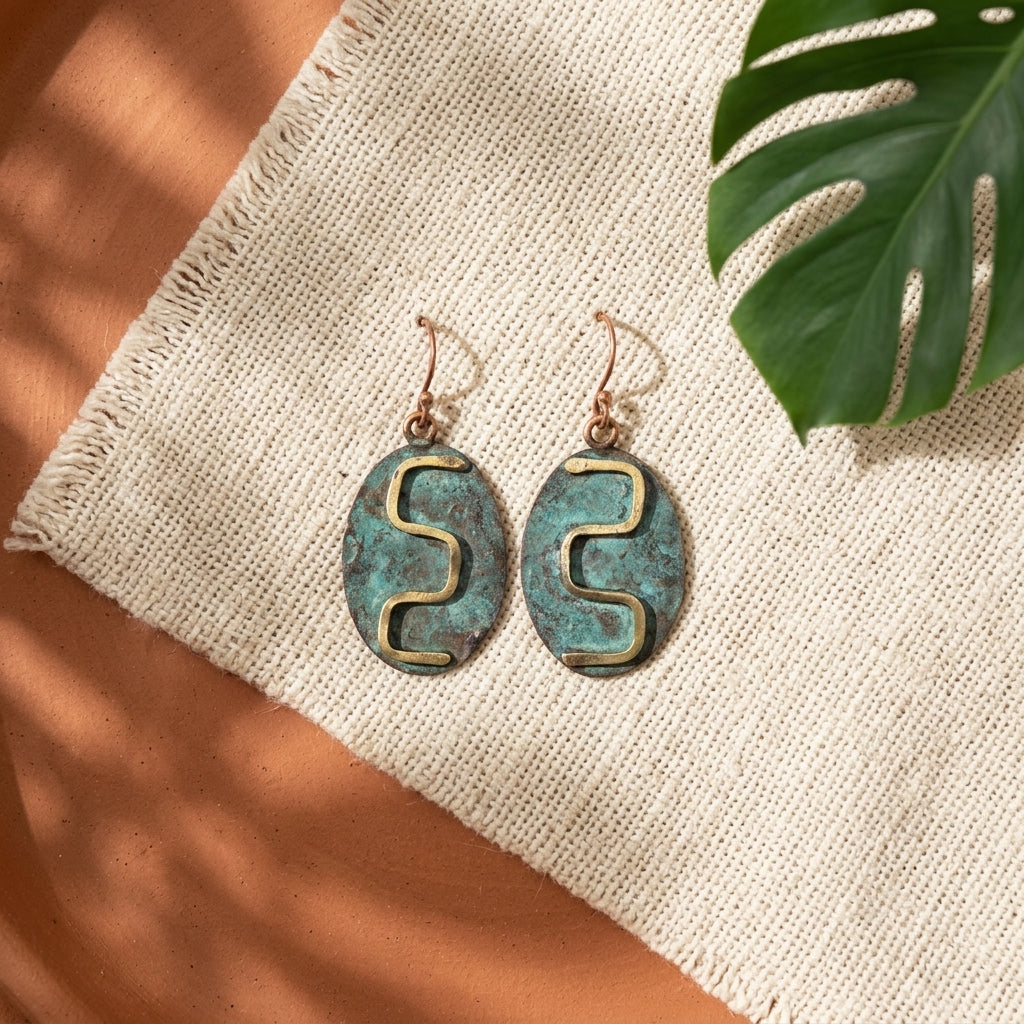 Copper Patina HandCrafted Earrings - Oxidized Blue Wave