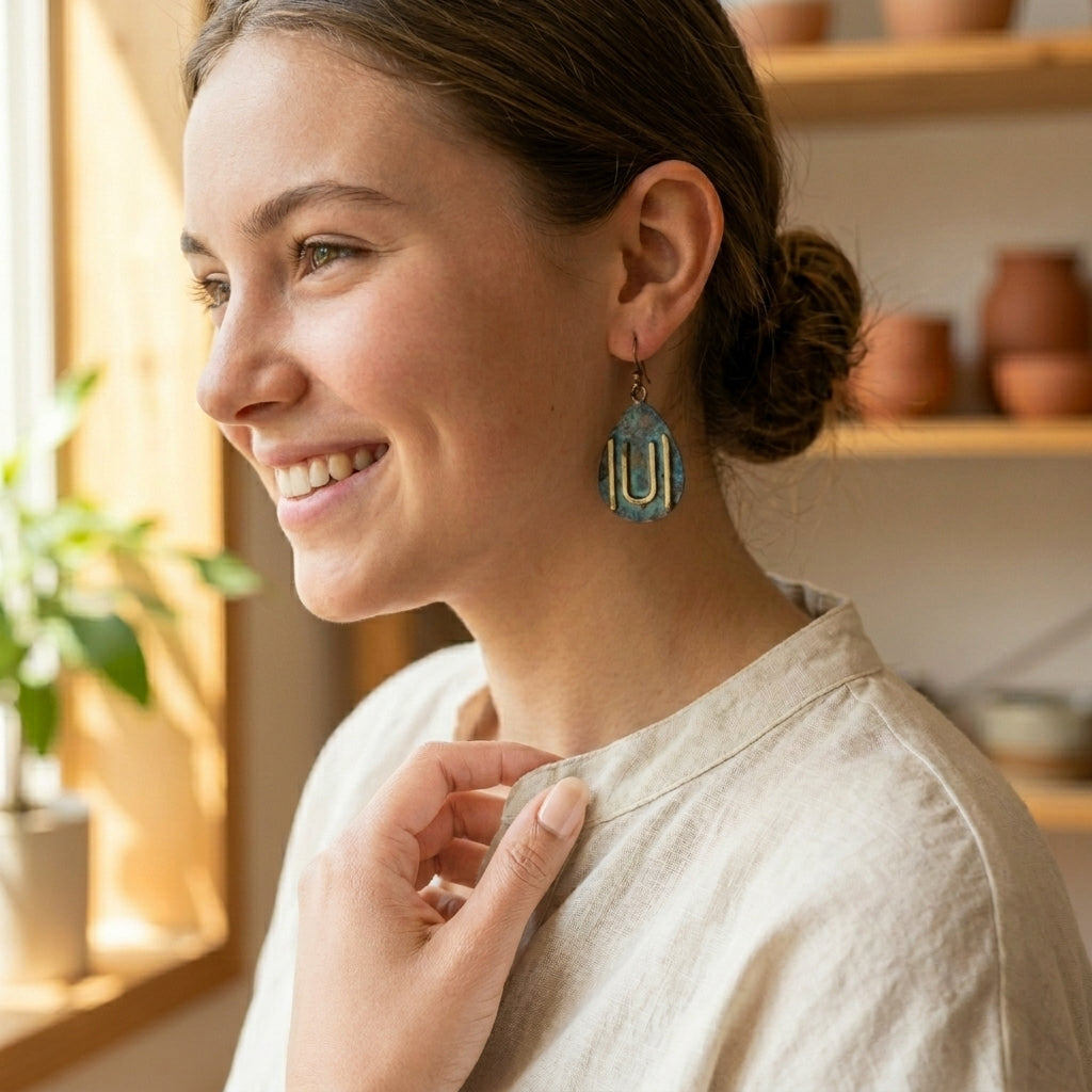 Copper Patina HandCrafted Earrings - Teal Maze