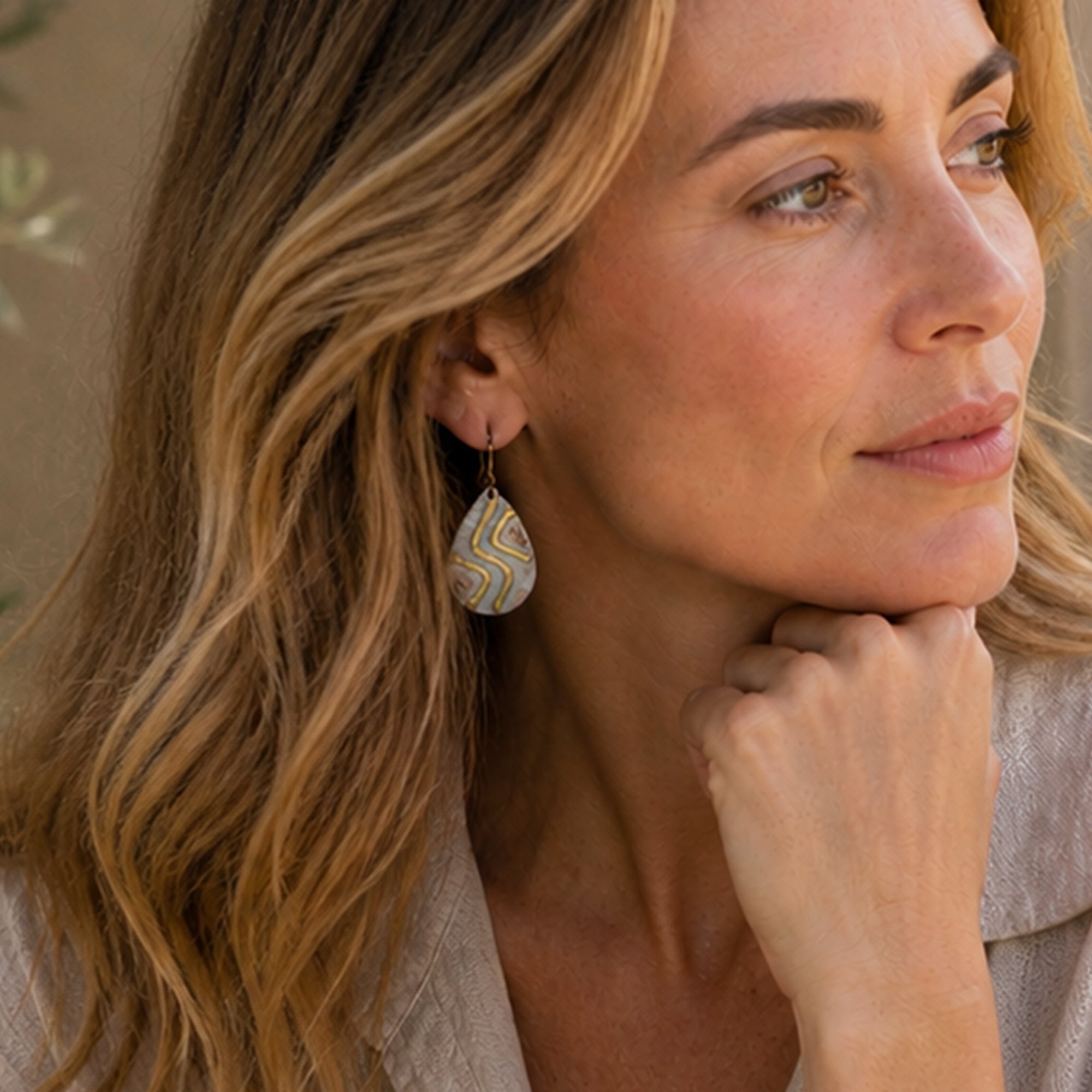 Copper Patina HandCrafted Earrings -  Ivory Chevron
