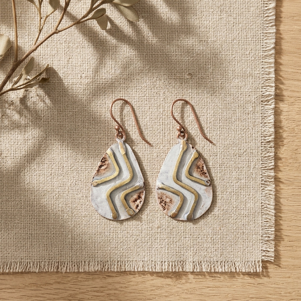 Copper Patina HandCrafted Earrings -  Ivory Chevron
