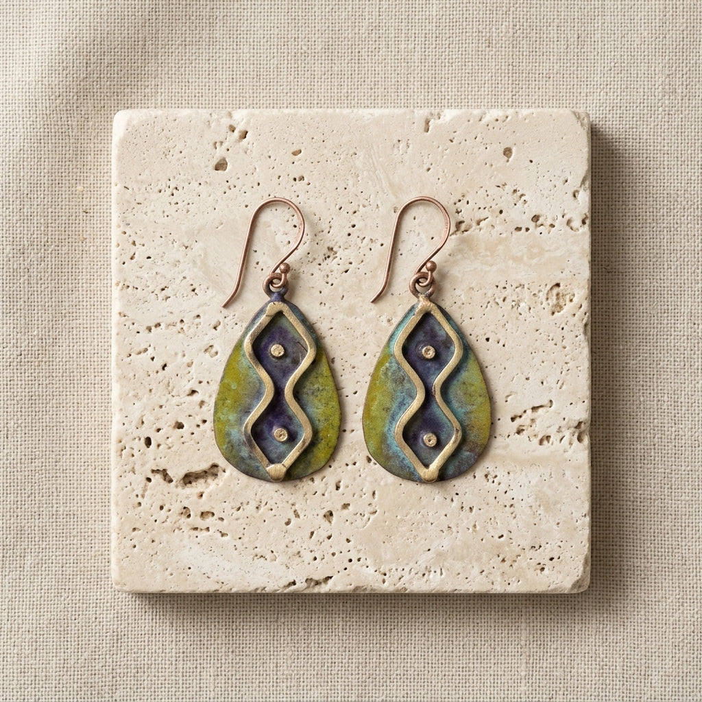 Copper Patina HandCrafted Earrings - Olive Zigzag