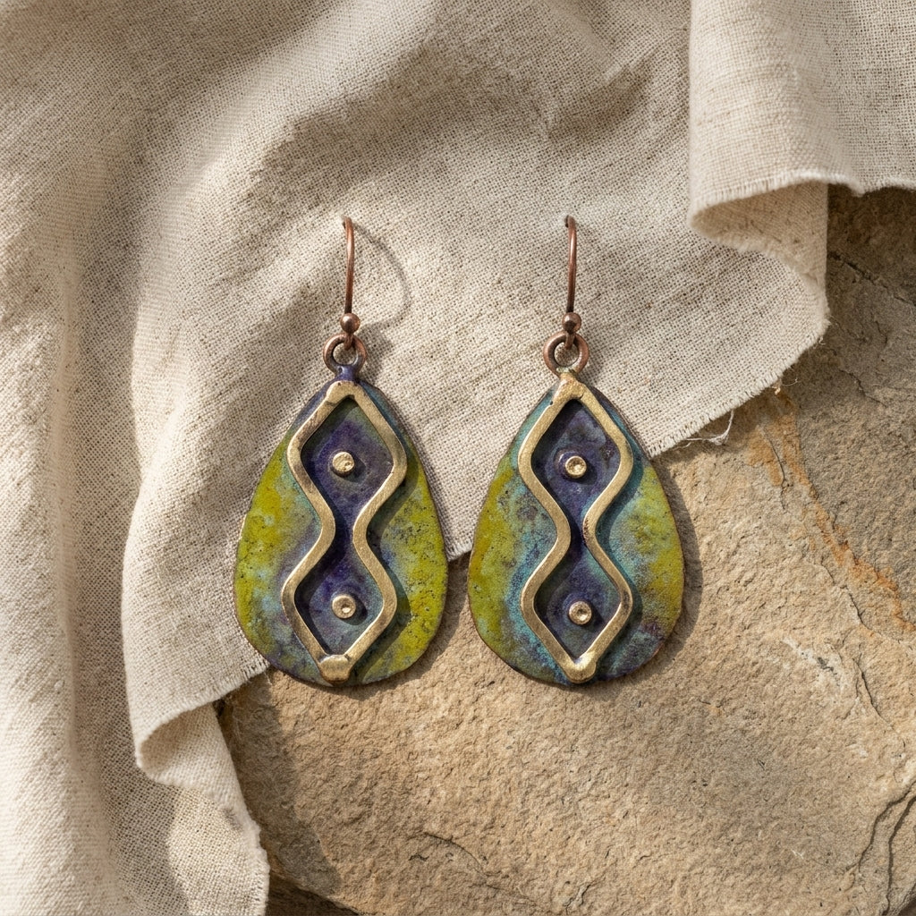 Copper Patina HandCrafted Earrings - Olive Zigzag