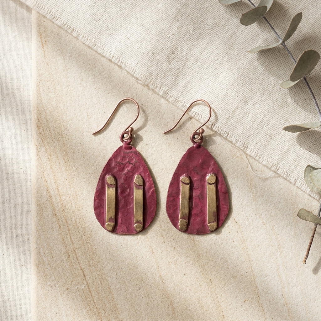 Copper Patina HandCrafted Earrings - Burgundy Bars