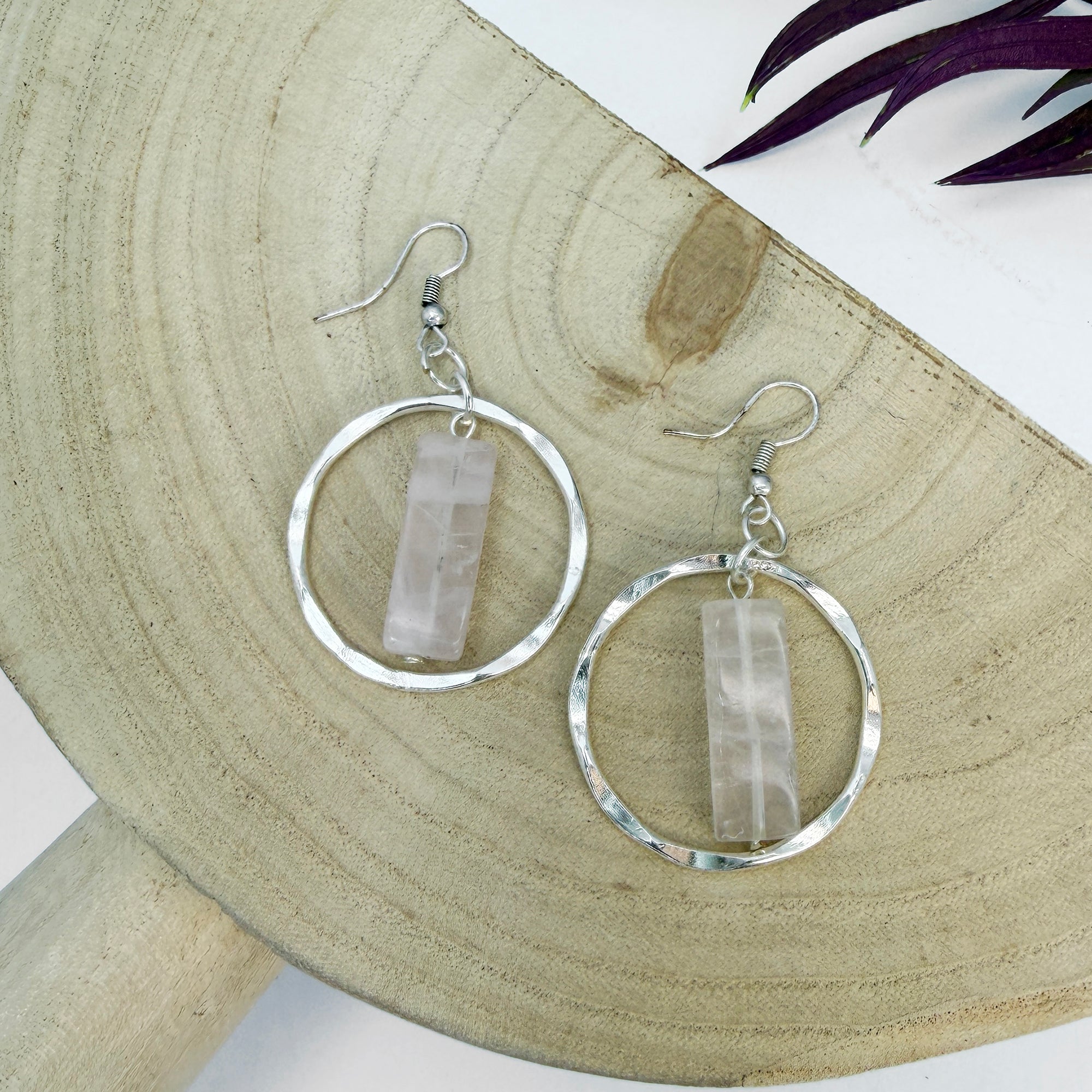 Akriti Rose Quartz Circle Handcrafted Silver Earrings
