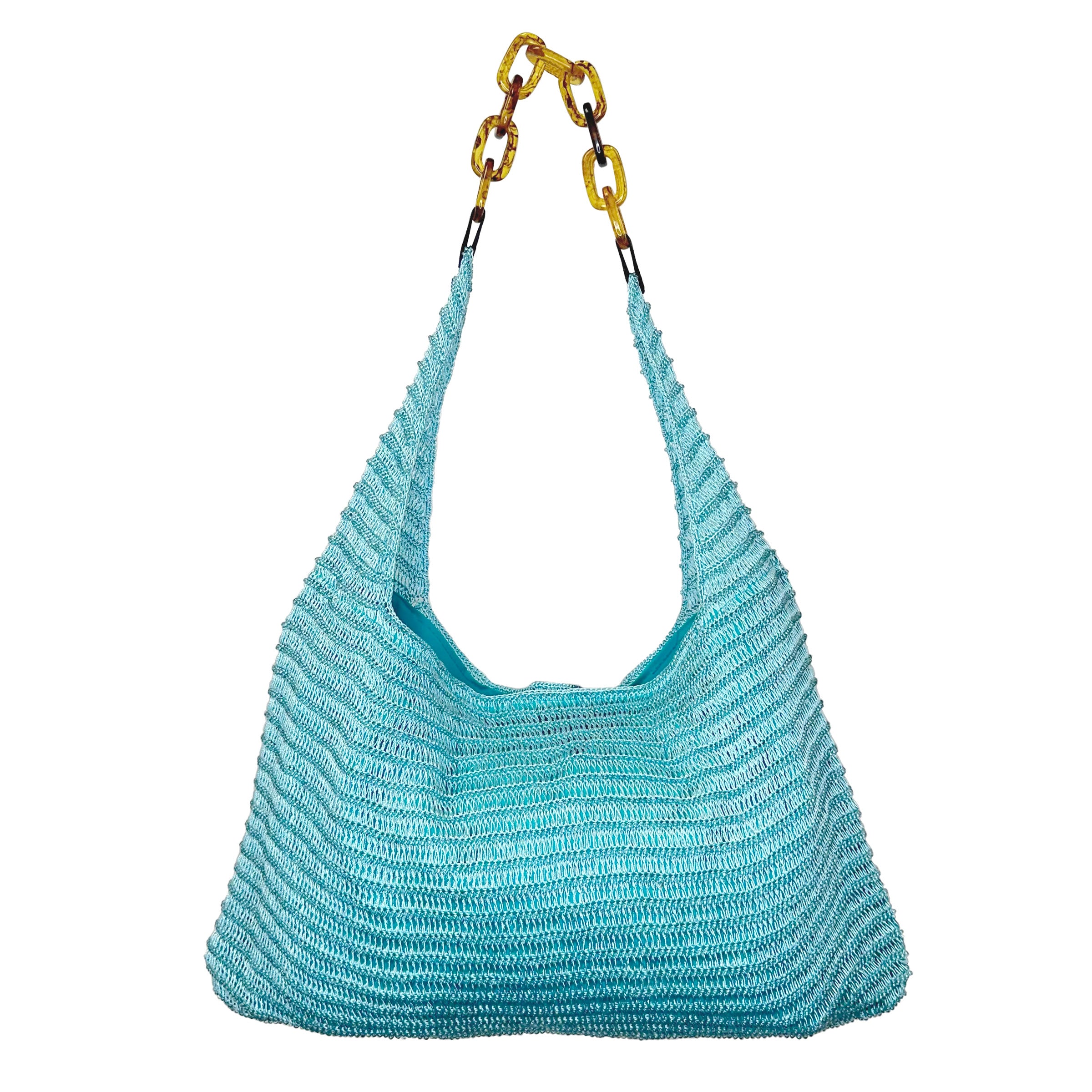 Cora Beaded Cotton Sling Bag with Chain Strap -Sky Blue