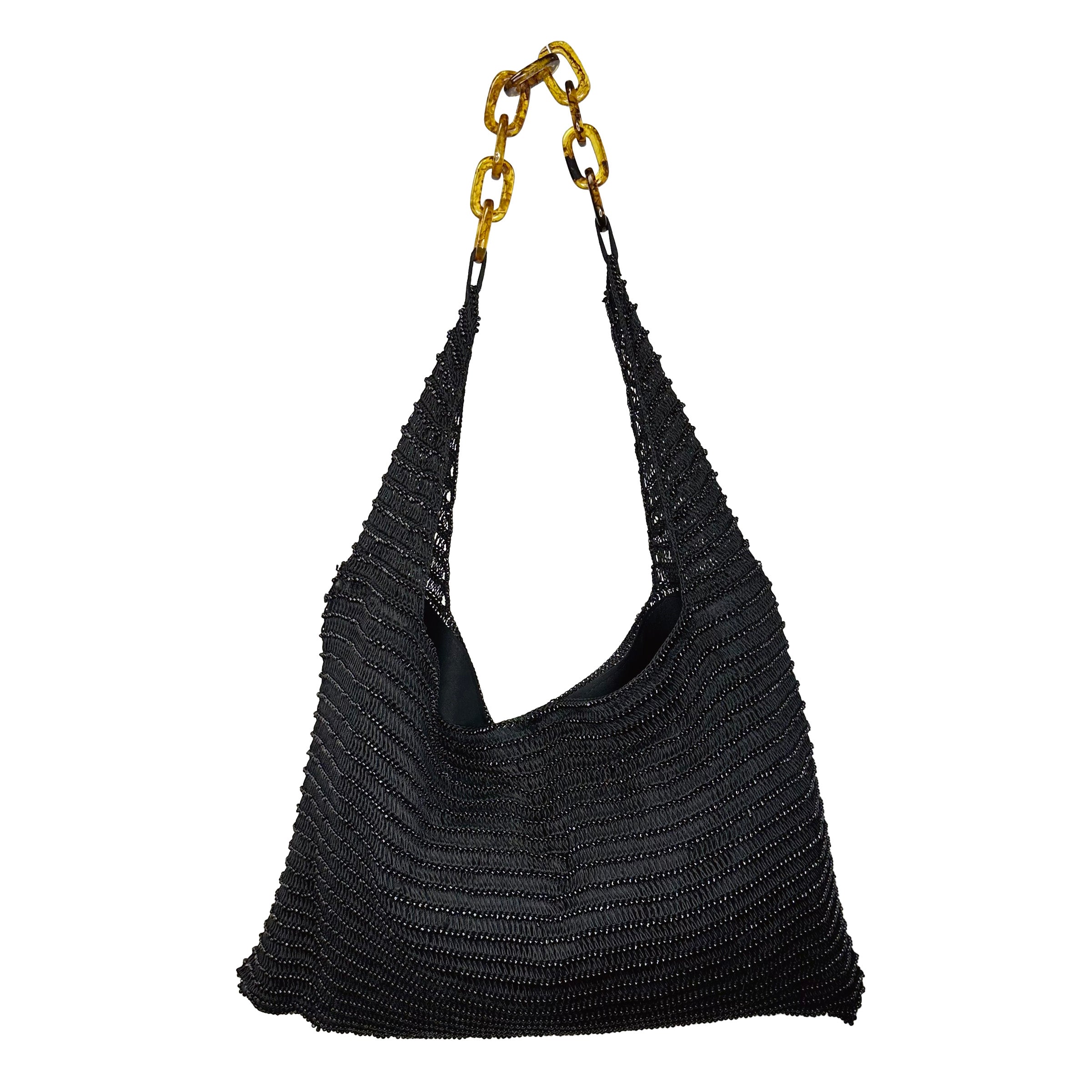 Cora Beaded Cotton Sling Bag with Chain Strap - Black