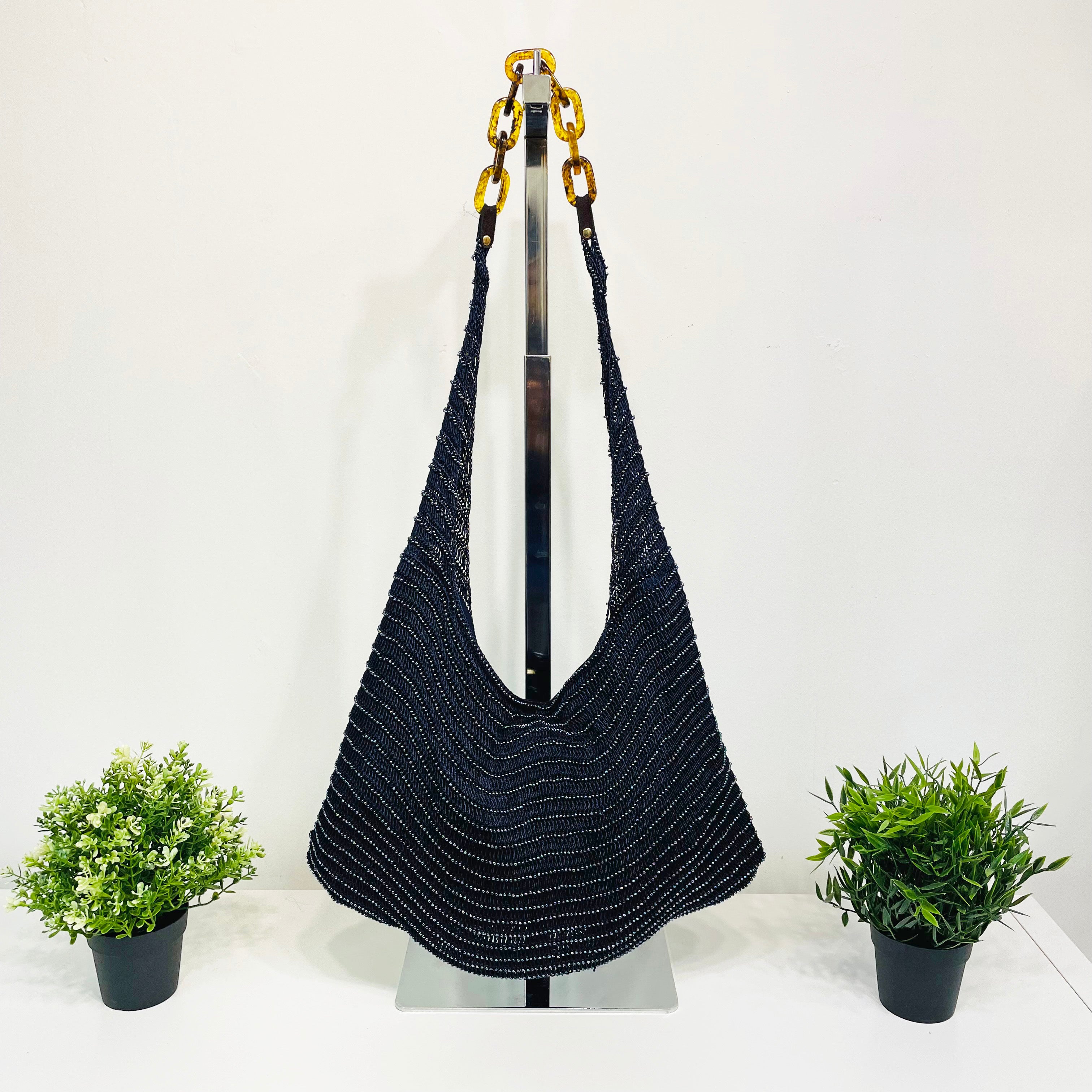 Cora Beaded Cotton Sling Bag with Chain Strap - Black