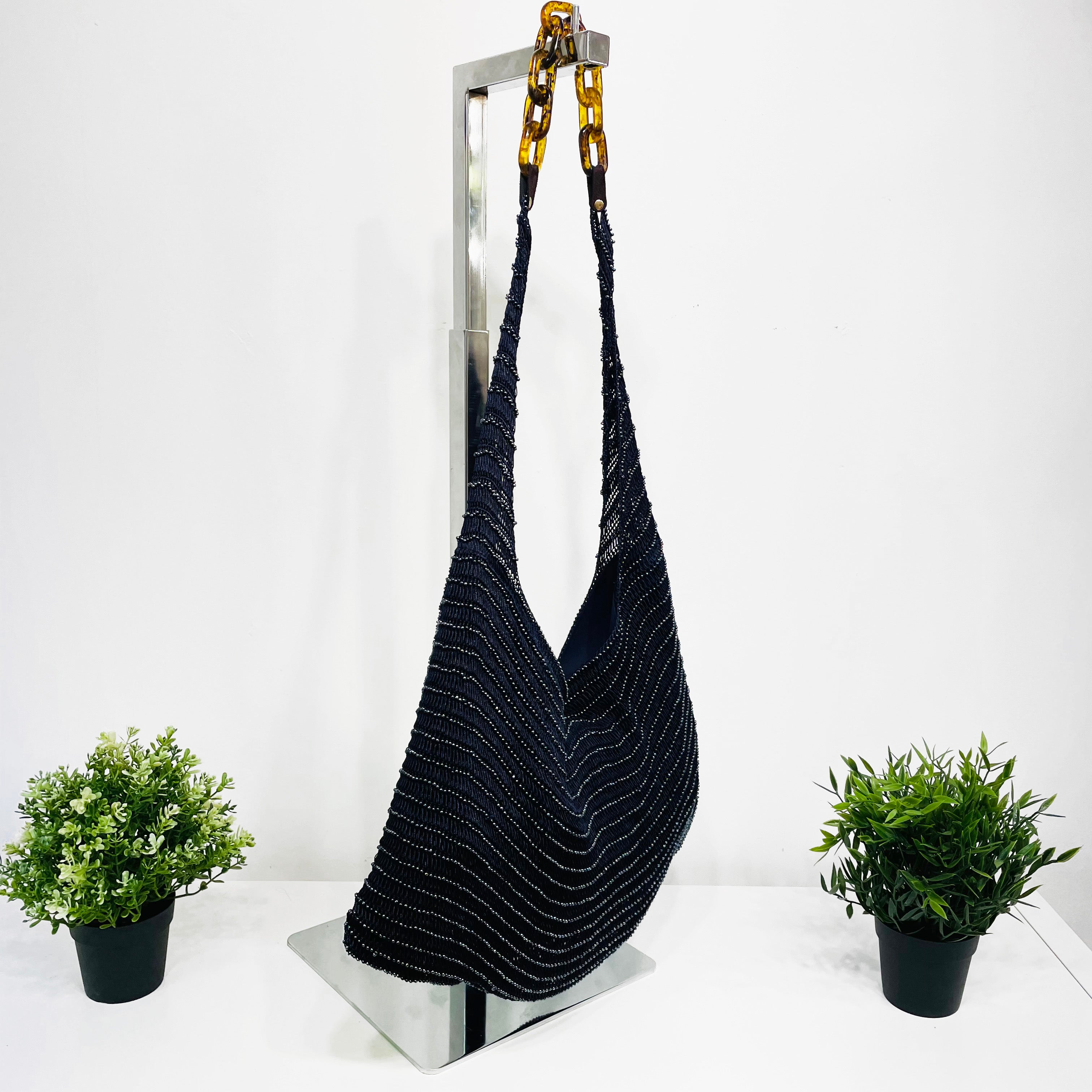 Cora Beaded Cotton Sling Bag with Chain Strap - Black