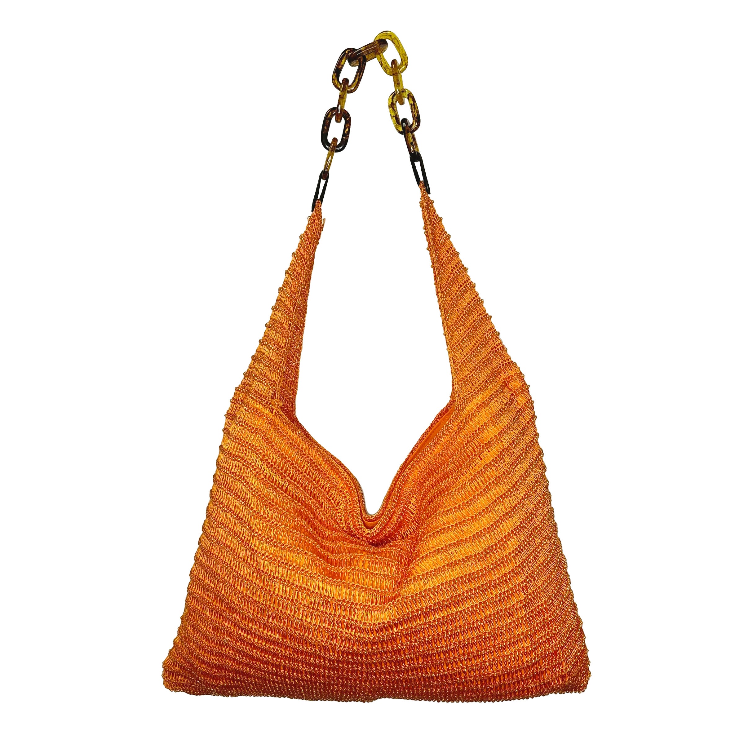 Cora Beaded Cotton Sling Bag with Chain Strap - Orange