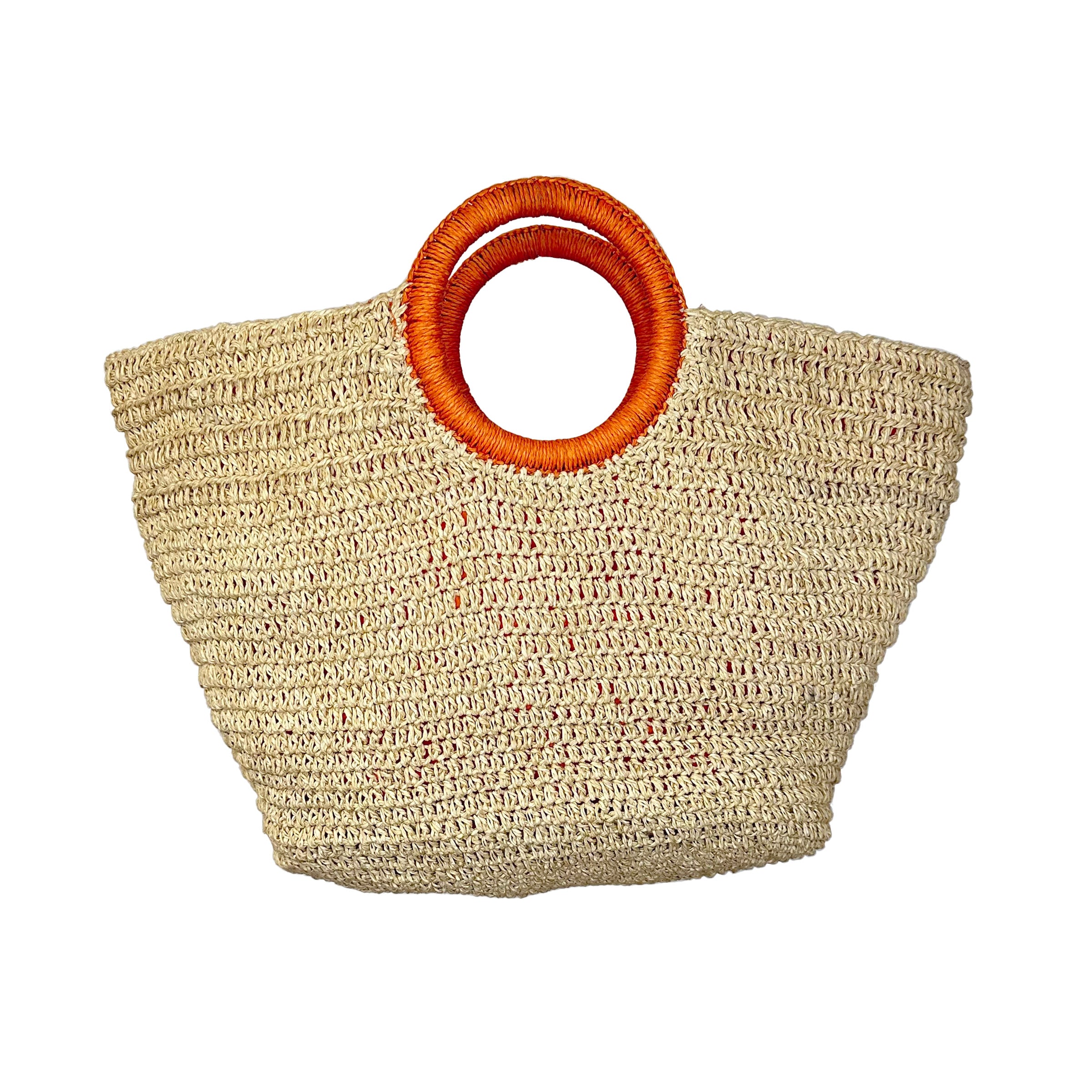 Cali Basket Raffia Bag with Colorful Wrapped Wooden Handle - Orange
