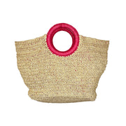 Cali Basket Raffia Bag with Colorful Wrapped Wooden Handle - Pink