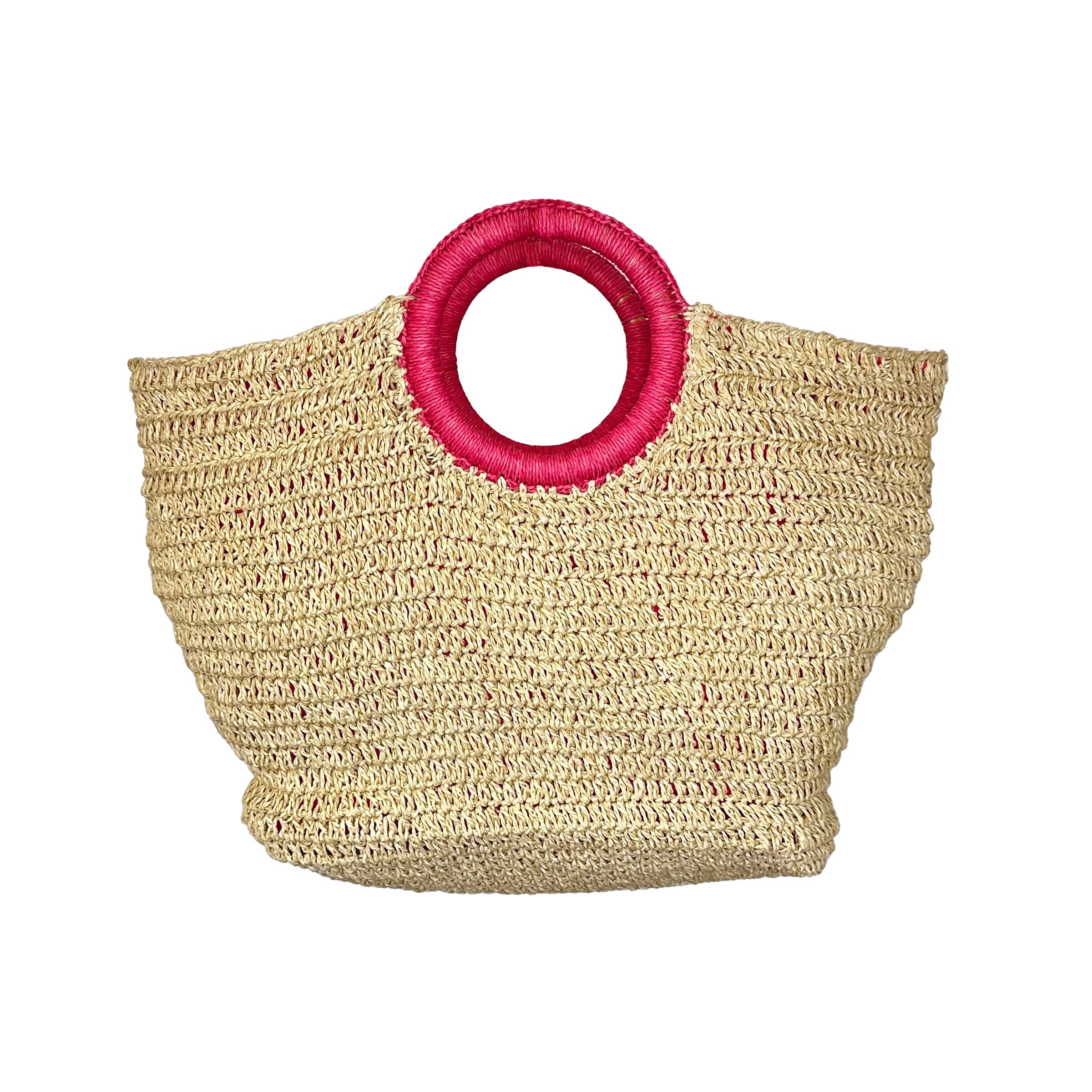 Cali Basket Raffia Bag with Colorful Wrapped Wooden Handle - Pink