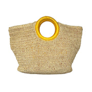 Cali Basket Raffia Bag with Colorful Wrapped Wooden Handle - Yellow